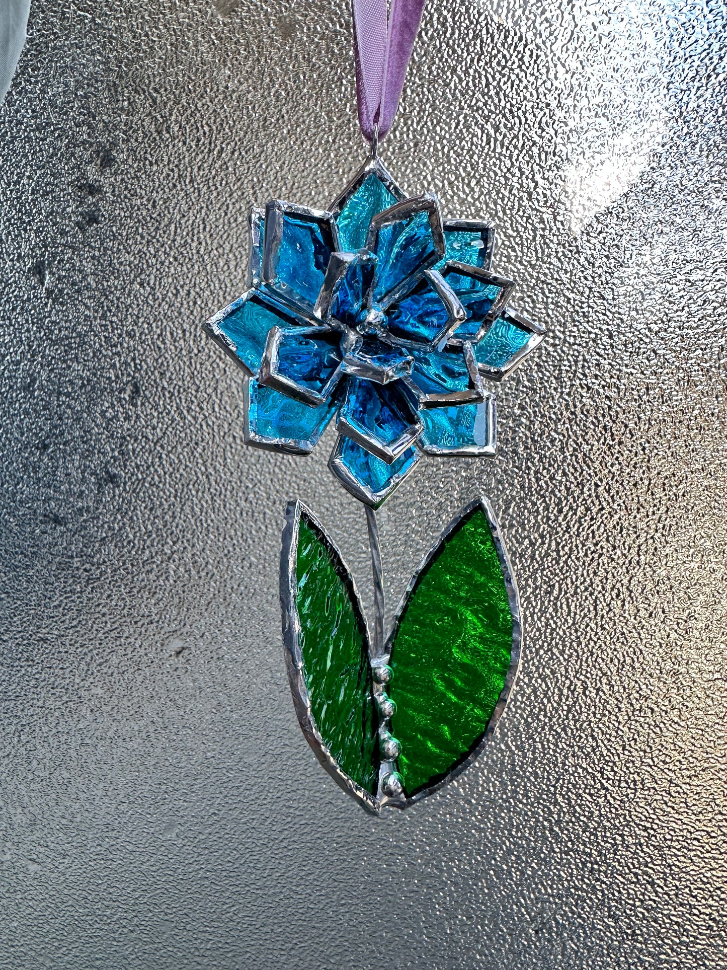 Christmas tree ornament Flower Blue ribbed transparent Set of 1, 3, 5, 7, 10. Stained glass Wall window decor, holiday decorations, lights