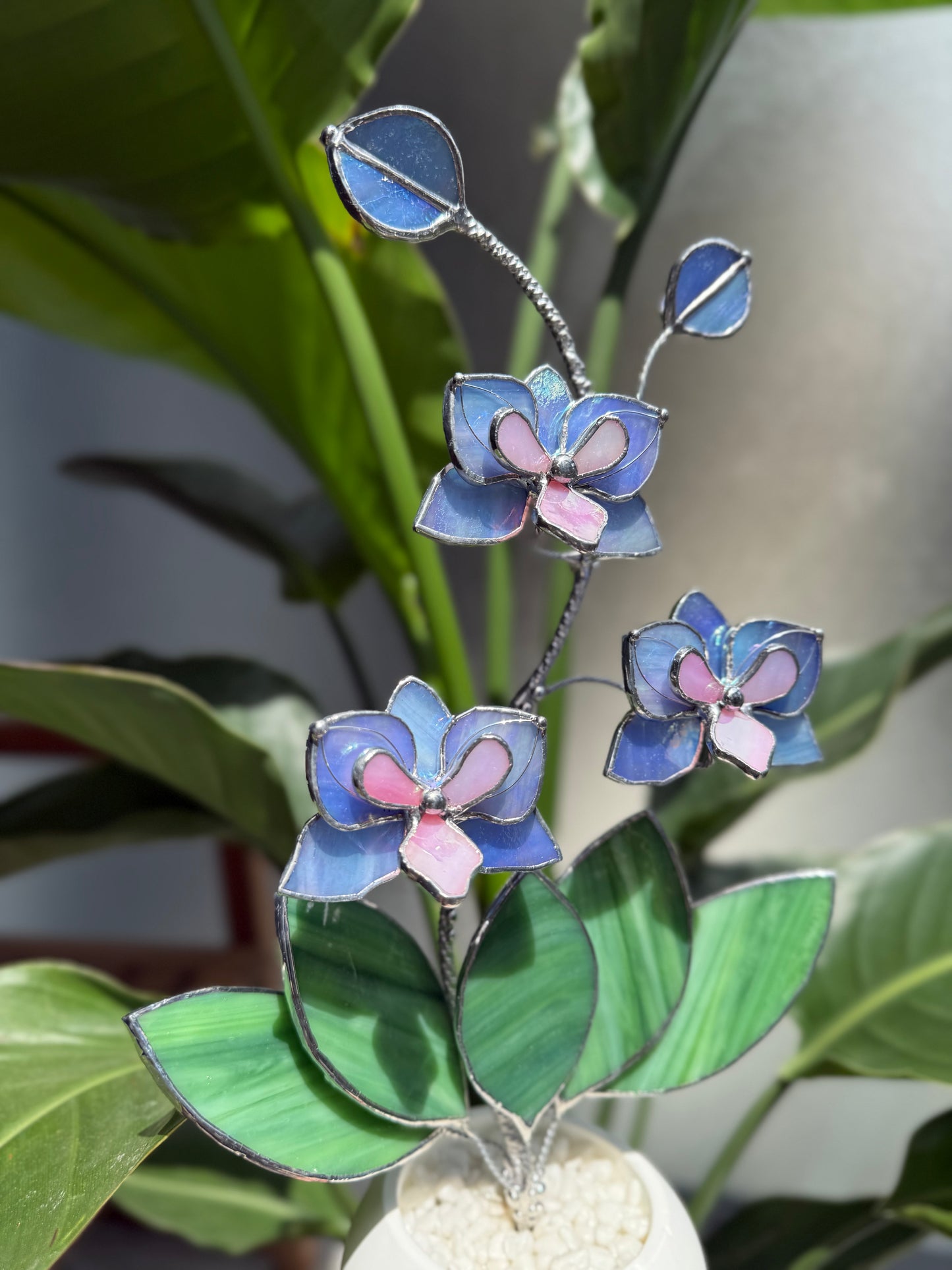 .Blue Lavender Orchid in a pot, 3 flowers Botanical Stained Glass Modern Art Decor new