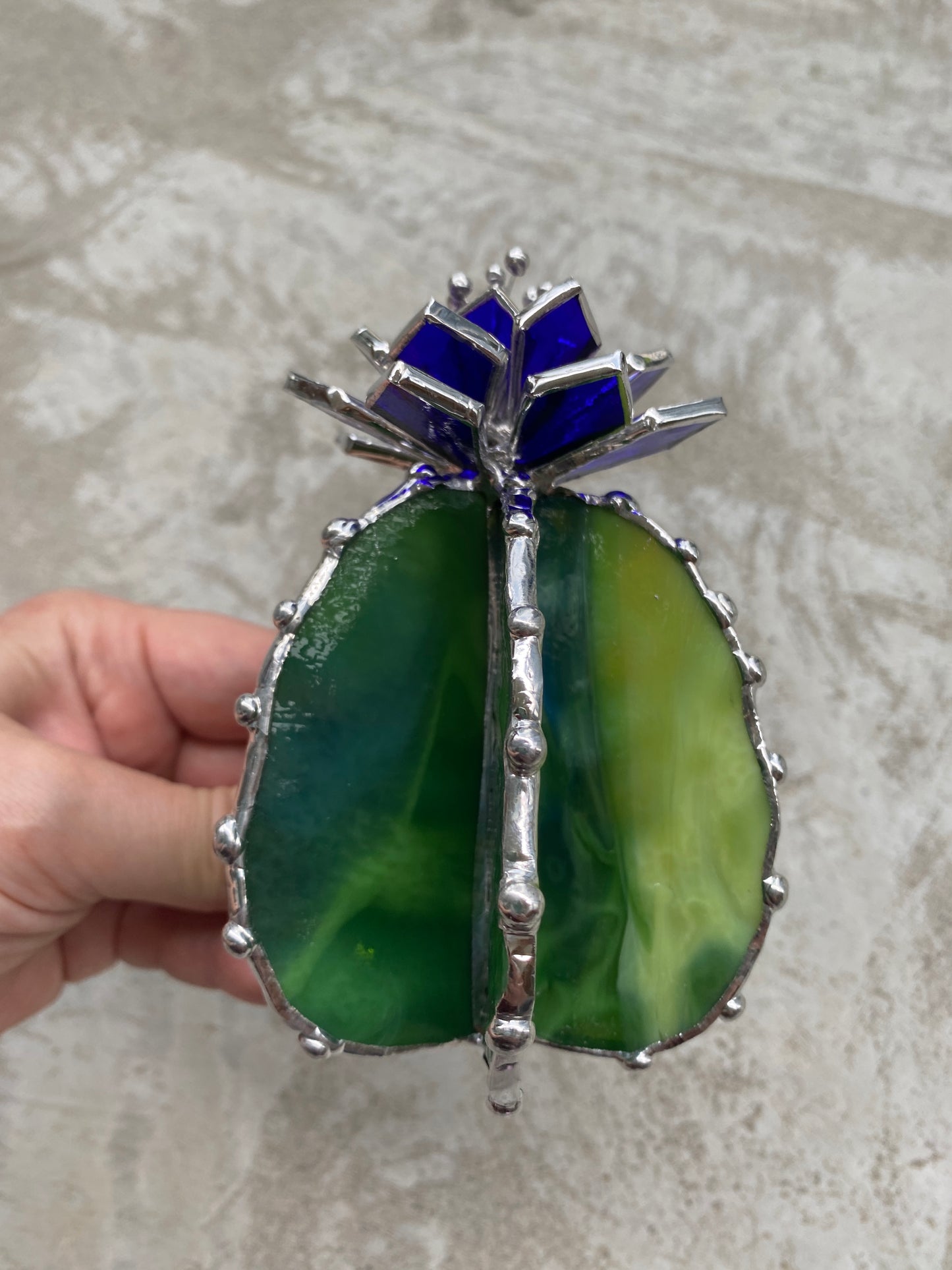 "Cactus Blue-Gold Iridescent XL" Stained glass, Succulent 3D, Cacti, house plant for flower pot, Sun catcher, glass art