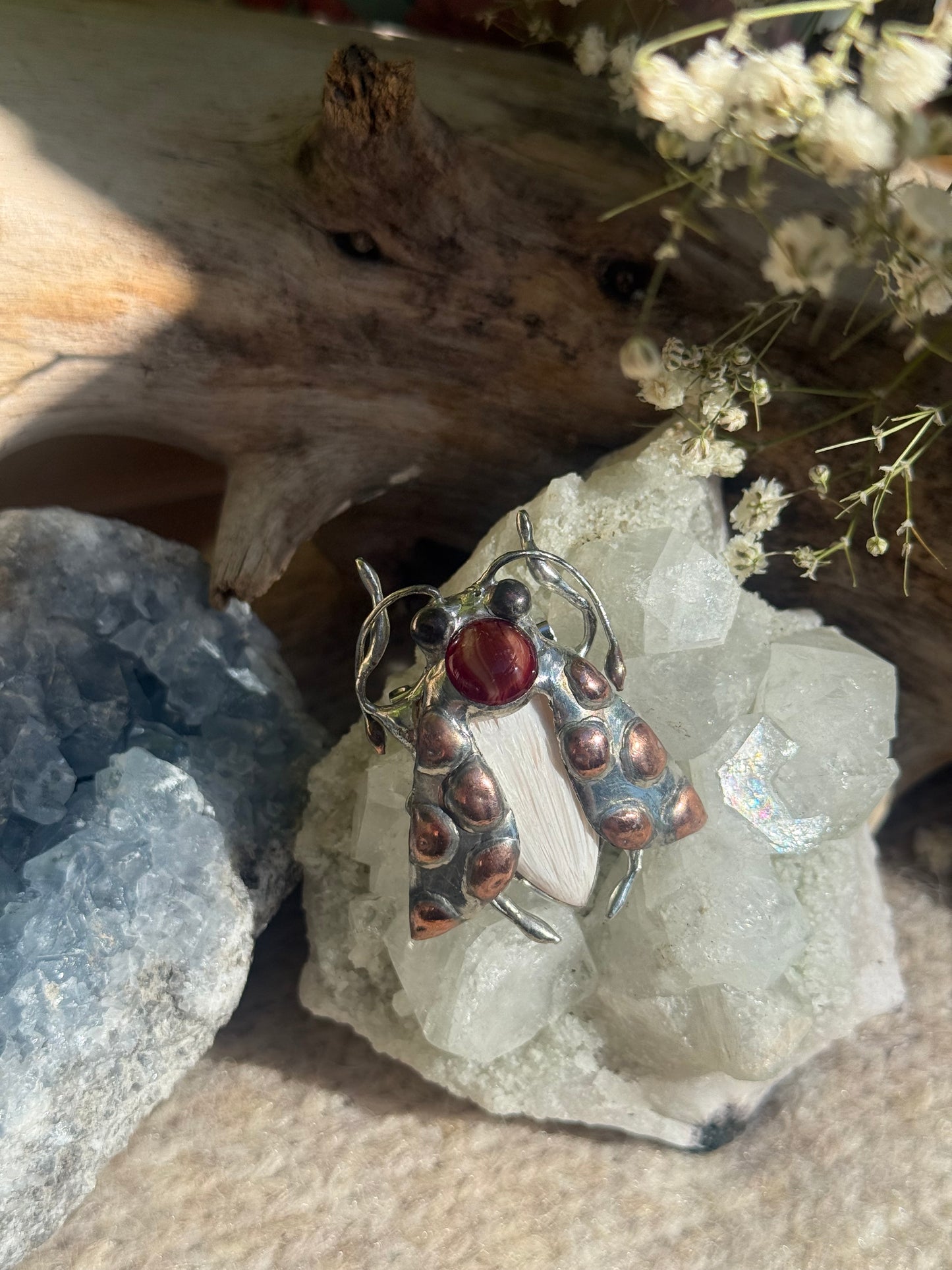 Brooch Tiger Moth with Palm Stone & Fused Glass, Gemstone Jewelry stone new