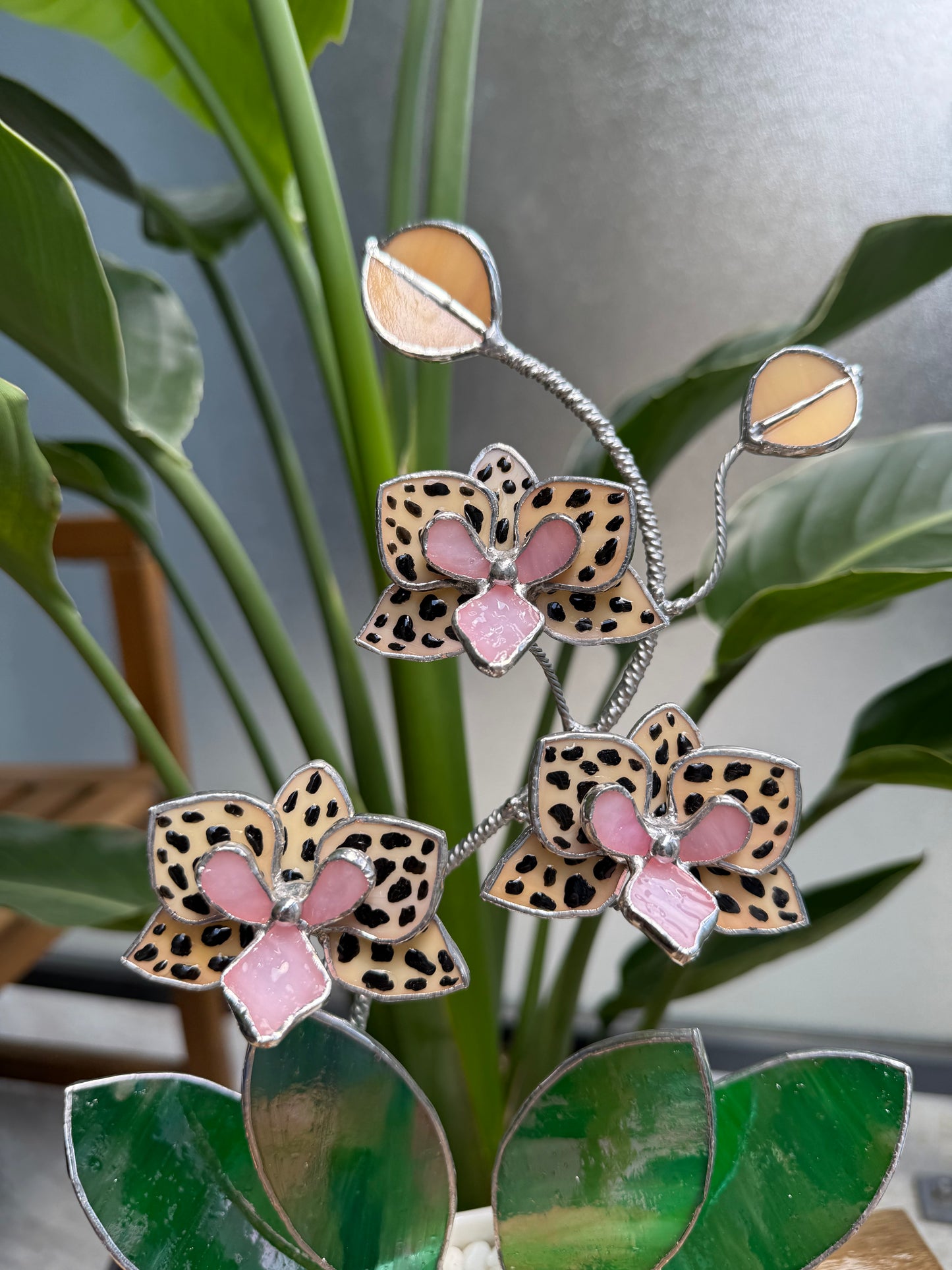 .Hand Painted Tiger Orchid in a pot, 3 flowers Botanical Stained Glass Modern Art Decor new