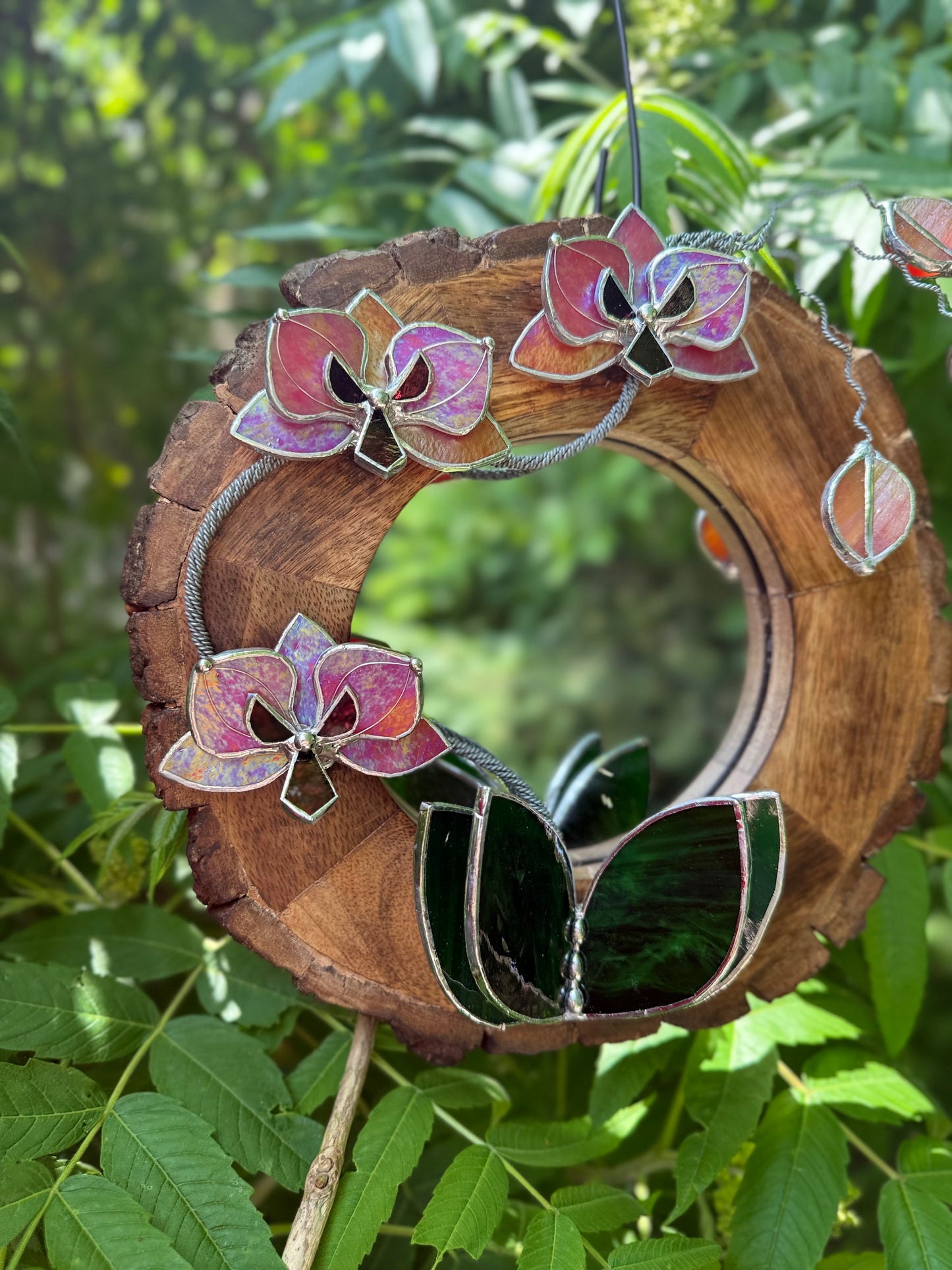 " . Berry red iridescent Orchid Mirror" Stained glass flower Wall decor.  Sun catcher Wooden frame Home wedding Decor Art. Christmas gift