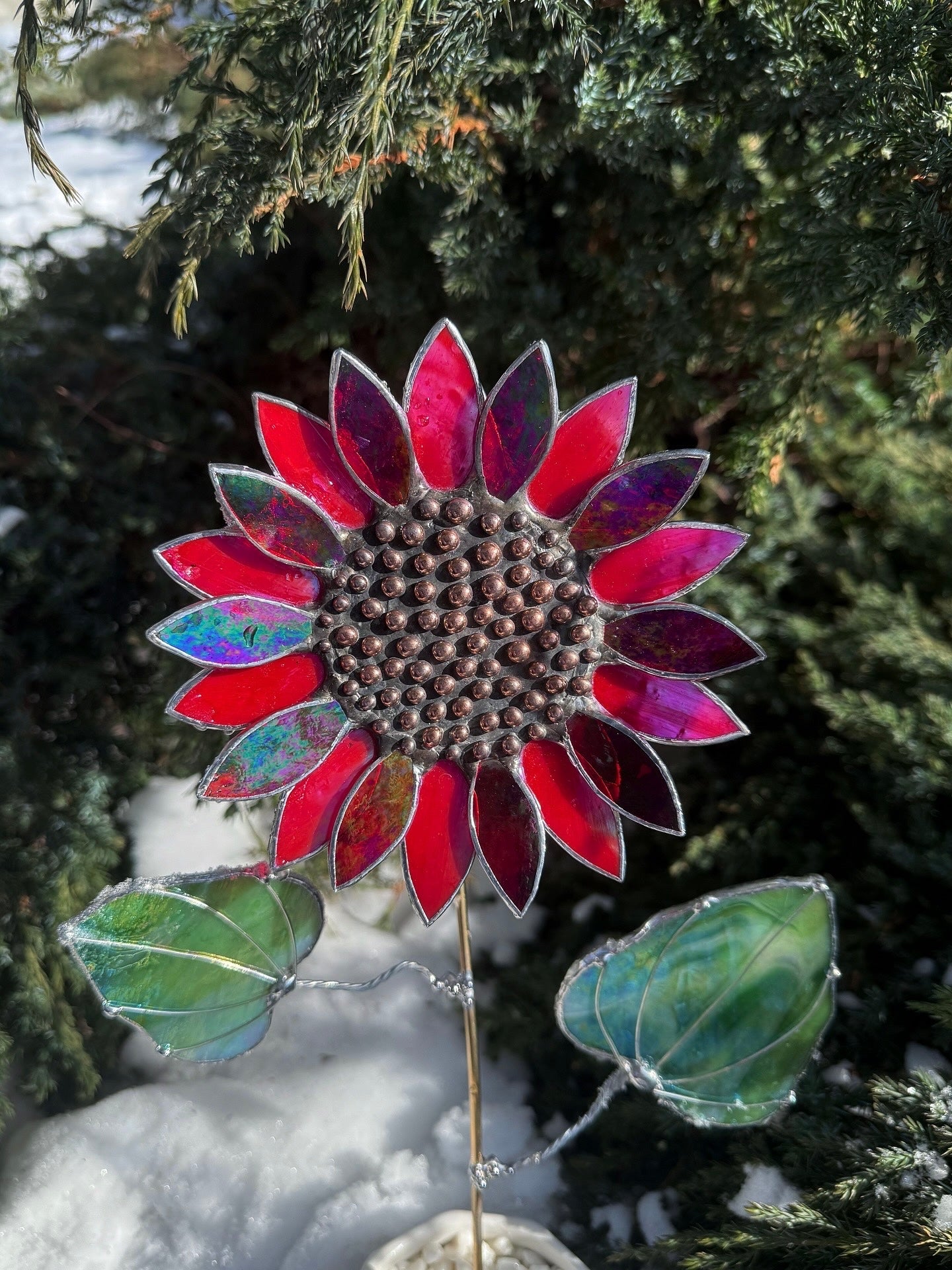 .Sunflower Ruby Red, Artisan 3D Stained Glass Suncatcher, Table Decor