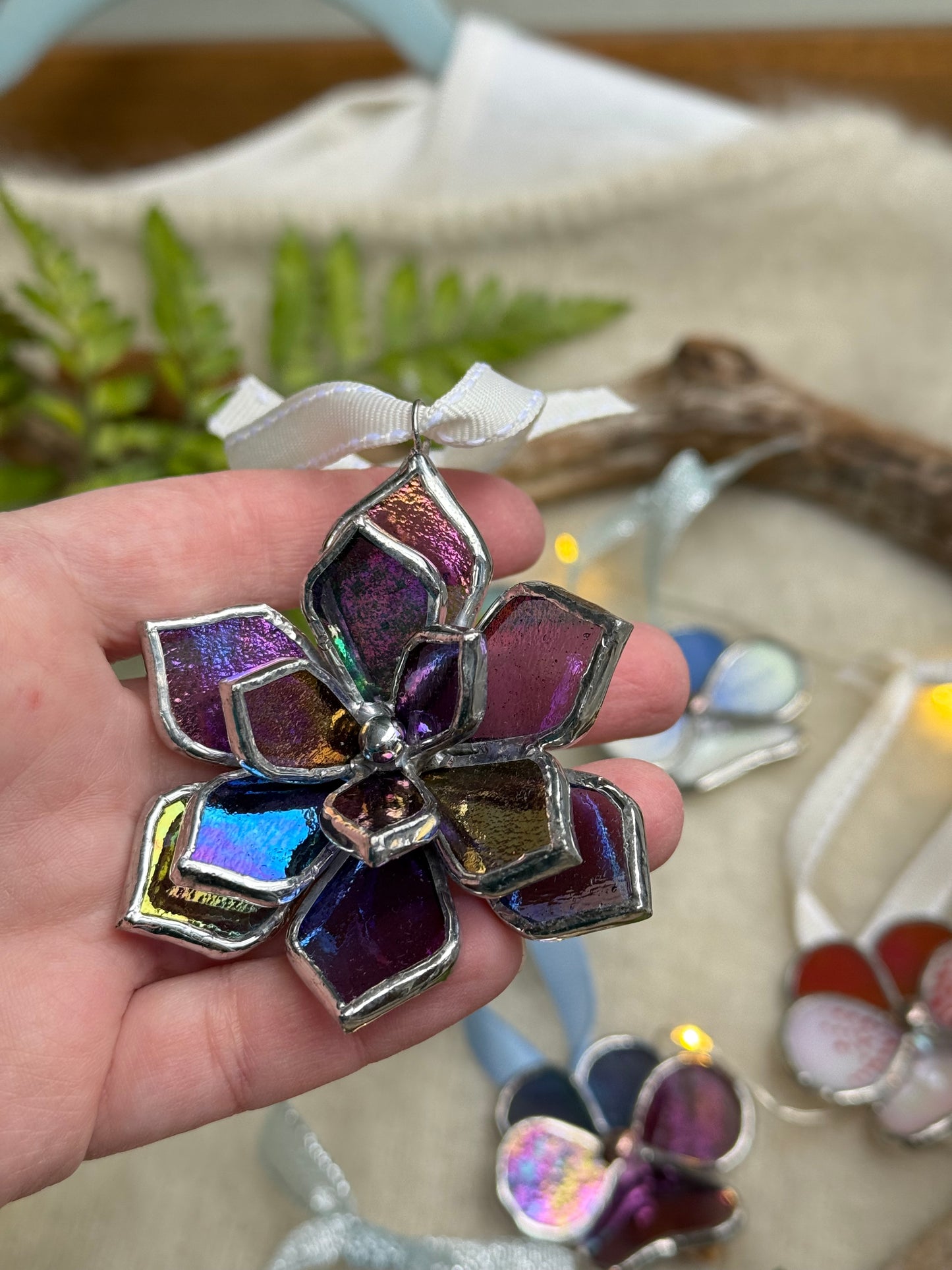 Stained glass ornament Flower Plum iridescent, Wall window decor, holiday decoration