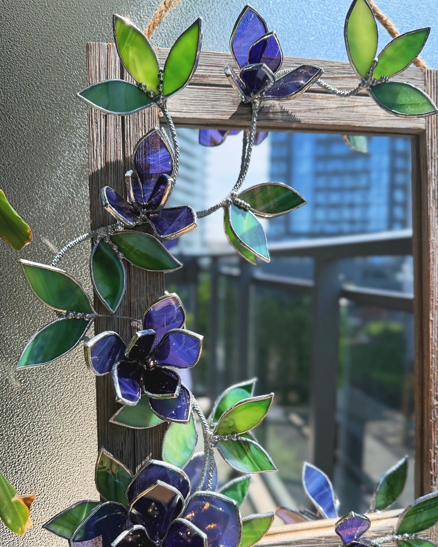 " . Amethyst translucent Magnolia Flower Mirror, Stained glass Wedding Wall Decor Christmas gift, Suncatcher
