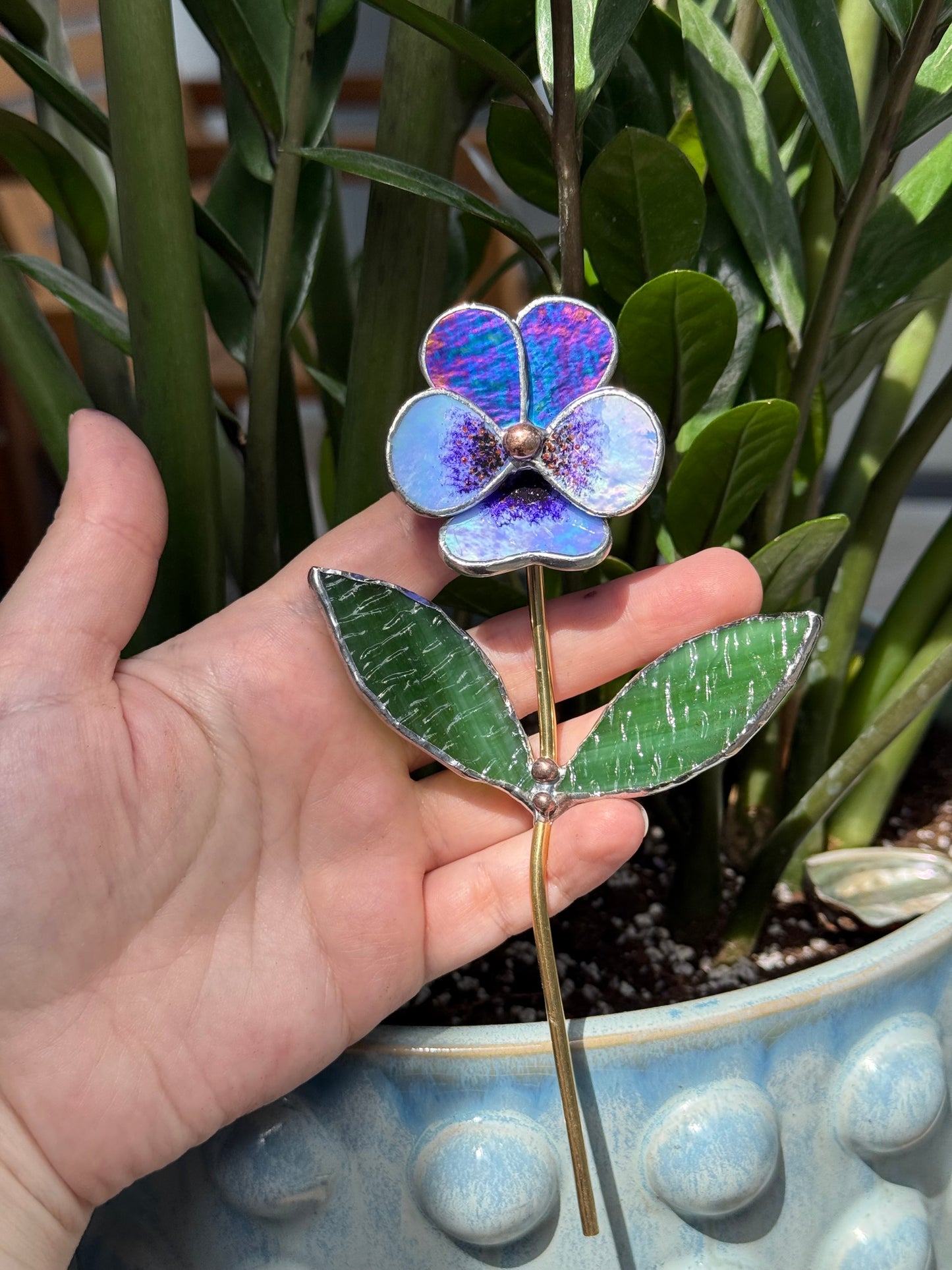 CHOOSE COLOR Pansy Flower Stake for a Plant Pot Stained Glass Handmade