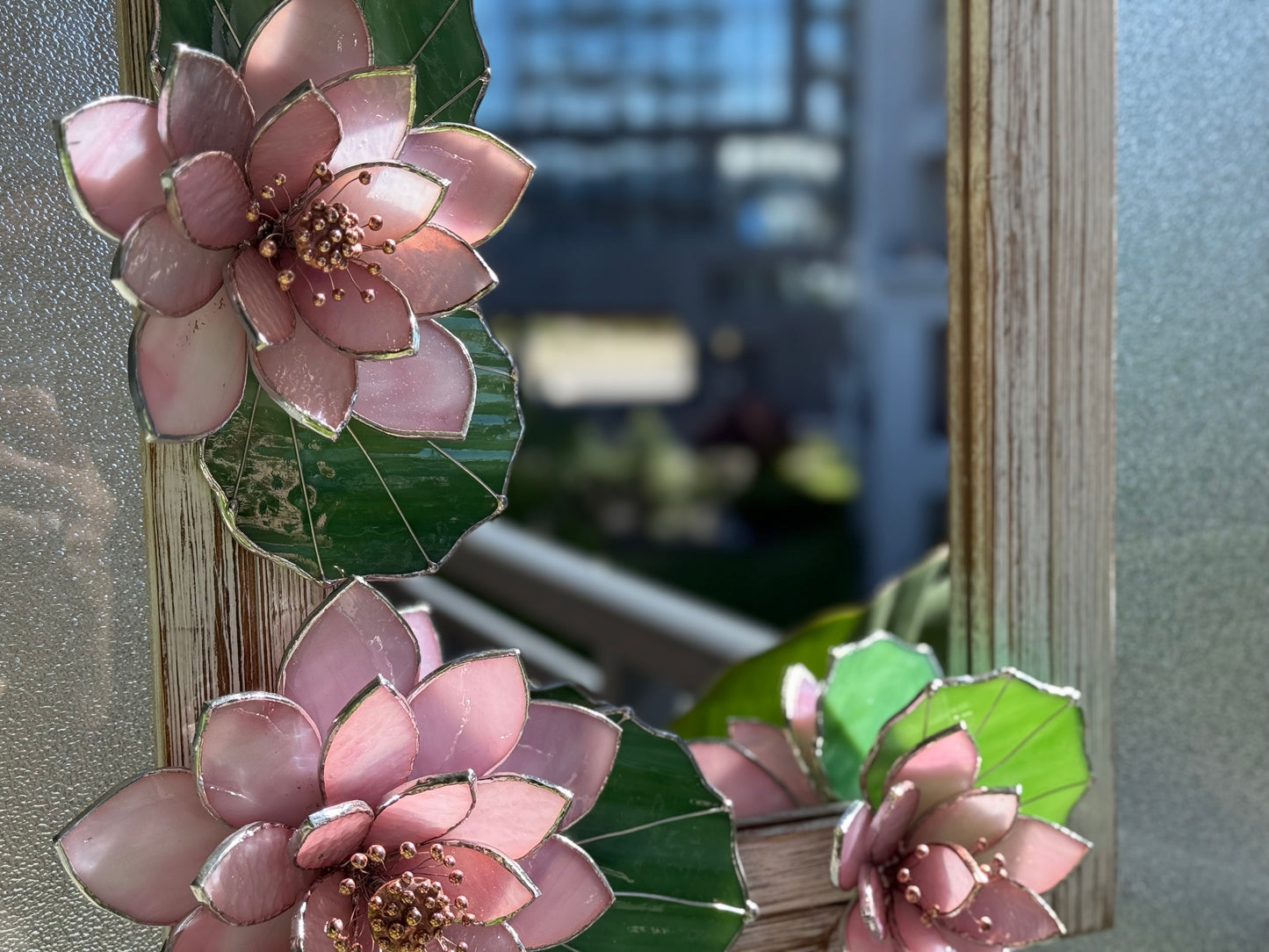 .Beautiful Lotus Stained glass Wall Mirror, 3D Botanical Floral Art ready