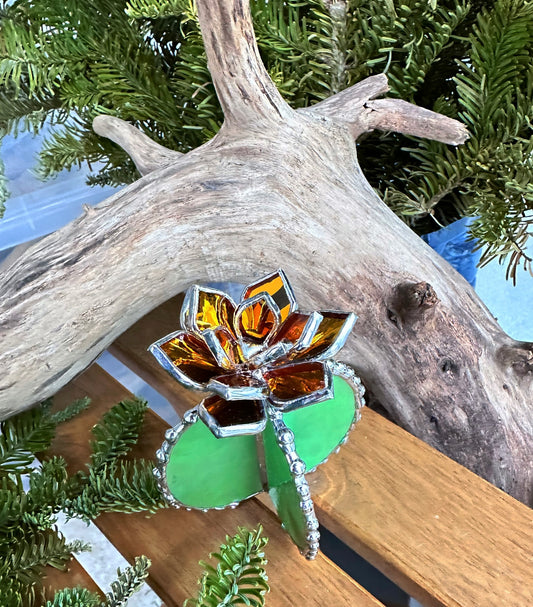 "Cactus XL Silvercoat Yellow Gold & Green Iridescent", Stained glass, Succulent 3D Cacti house plant for flower pot Sun catcher glass art wedding