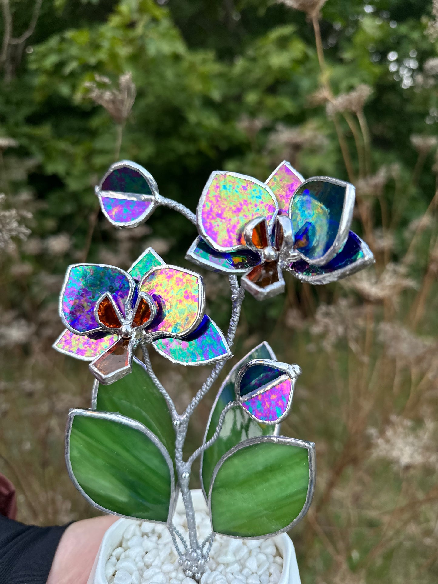 " . Indigo iridescent Orchid 2 flowers with pot” Stained glass tropical flower 3D, Sun catcher, Table plant decor, Garden stick, Outdoor and gardening decor