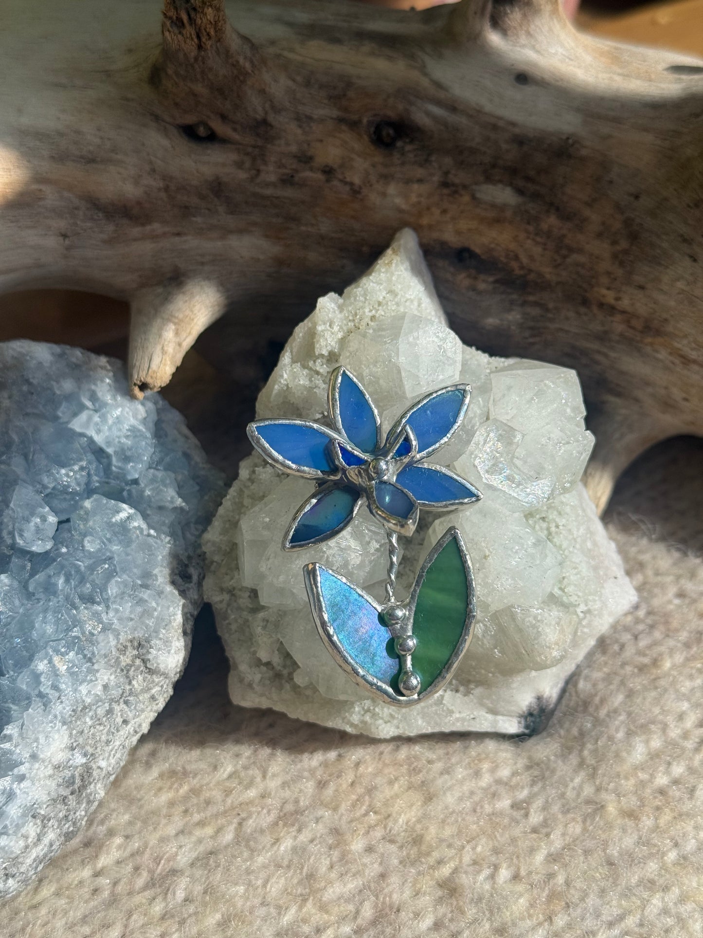 Orchid Blue lumi Brooch Stained Glass Floral Pin, Modern Art Jewelry statement ready new