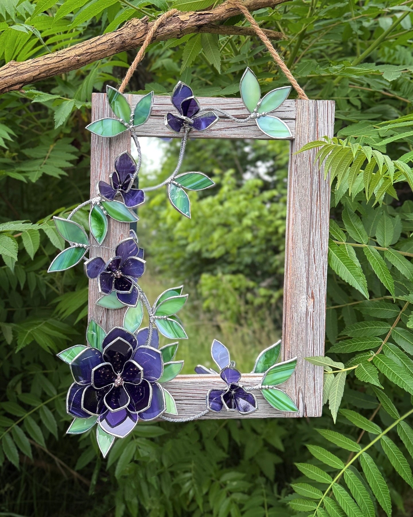 " . Amethist Magnolia Flower Mirror, Stained glass Wedding Wall Decor Christmas gift, Suncatcher