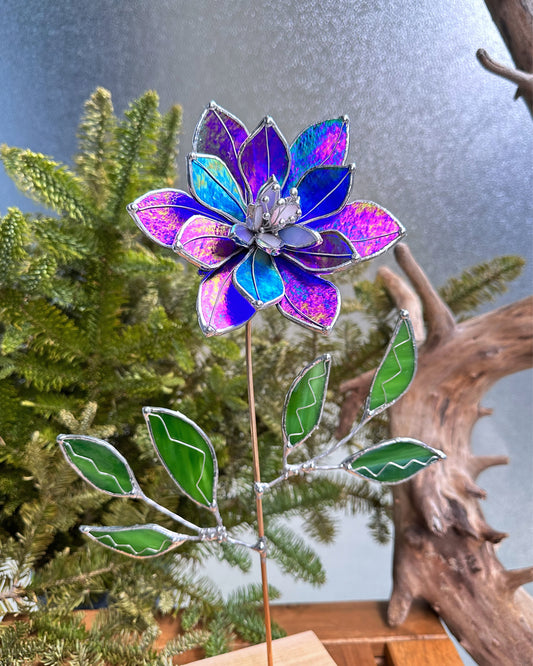 ". Lily Indigo blue Iridescent" Stained glass tropical flower 3D, Sun catcher, Table plant decor, Garden stake, wedding decor, Christmas gift