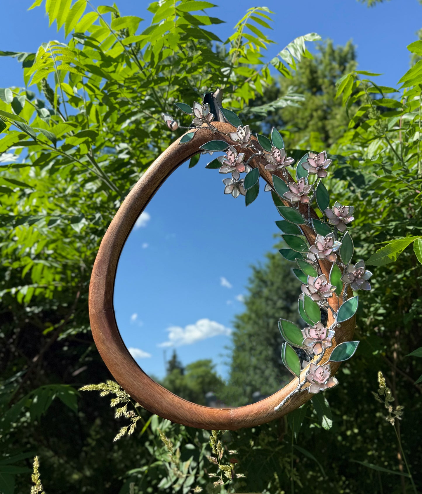 .Pink Sakura Stained glass Wall Mirror, 3D Botanical Floral Art ready new
