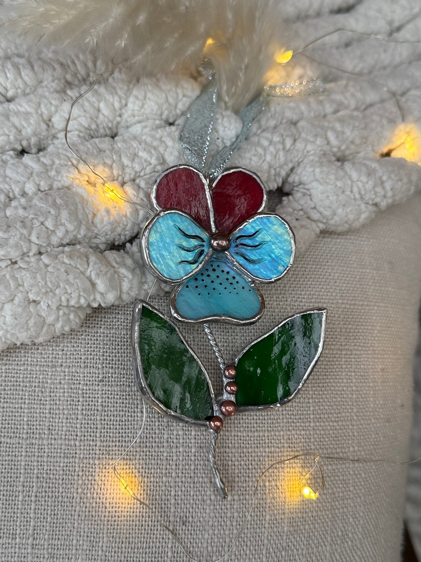 " . Pansy flower with leaves Ruby red & turquoise irid , Stained glass Decorative ORNAMENT, Christmas decoration, Suncatcher
