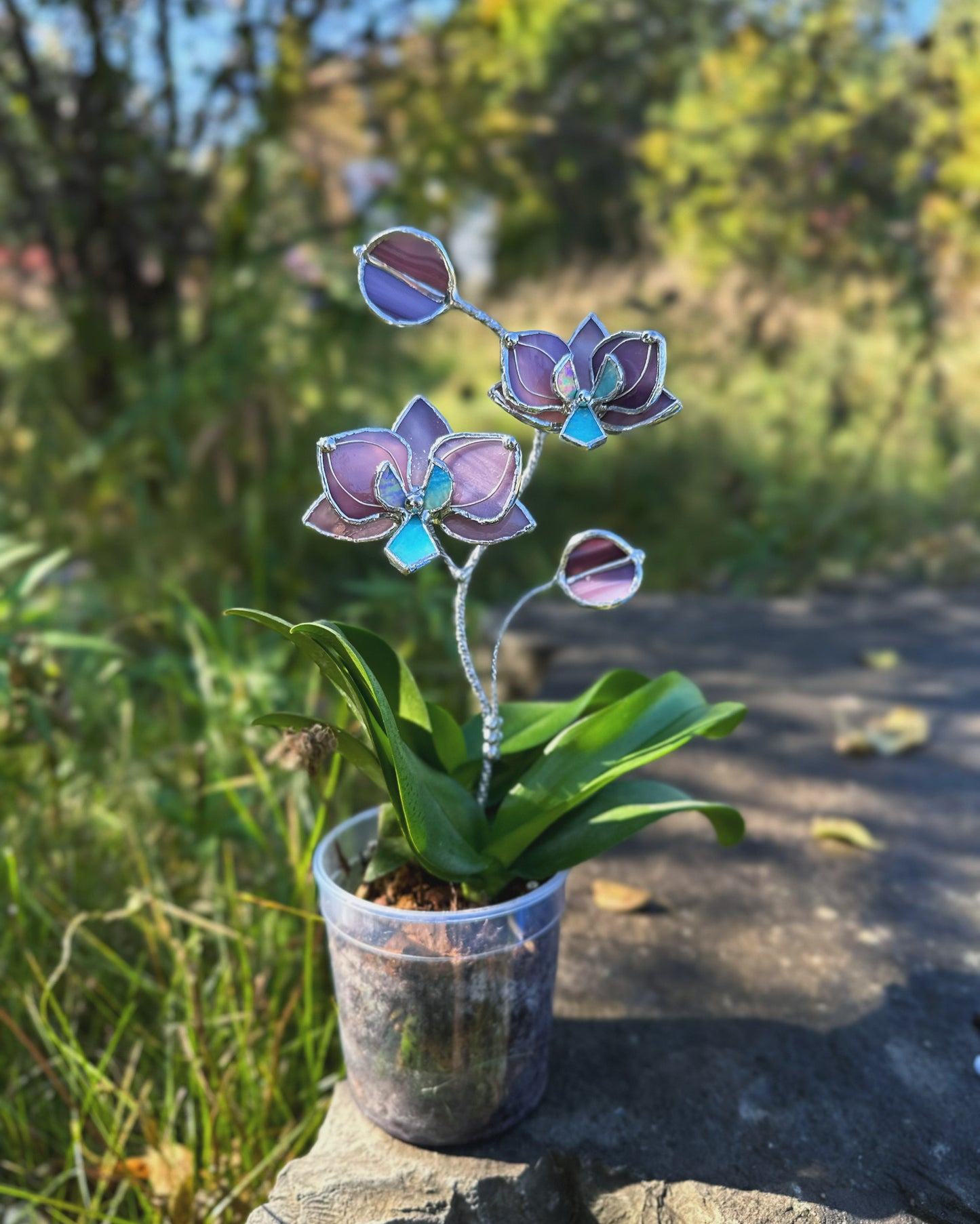 decorative potted plant stakes Orchid Dusty Rose Stained Glass Plant Stake, Botanical Pot Decor
