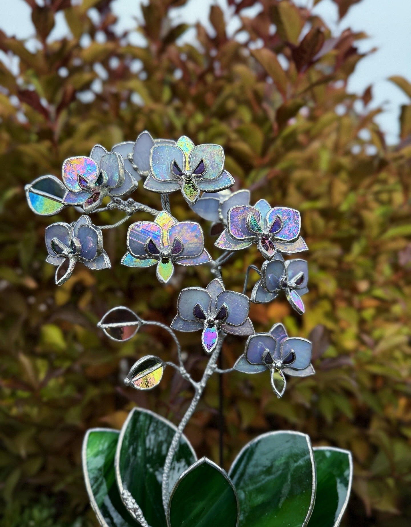 "  . Stained glass Orchid Lavender iridescent, double sided, 10 flowers with pot”, Stained glass tropical flower 3D, Suncatcher, Table plant decor
