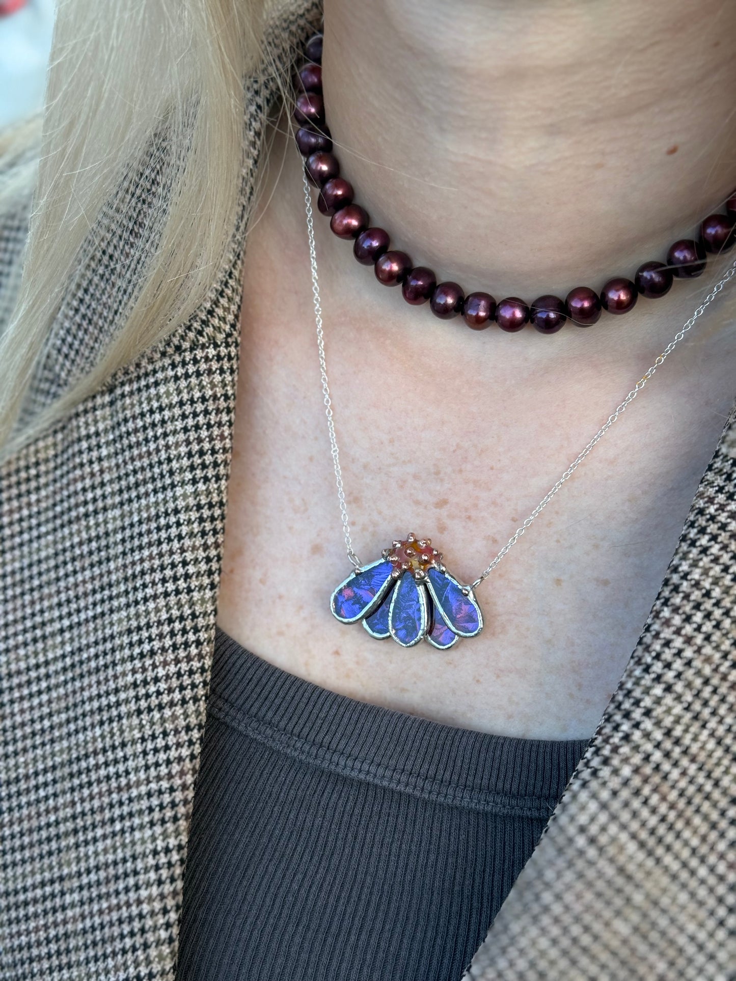 Echinacea Purple & Pink, Stained Glass Necklace or Brooch, Handmade Botanical Jewelry