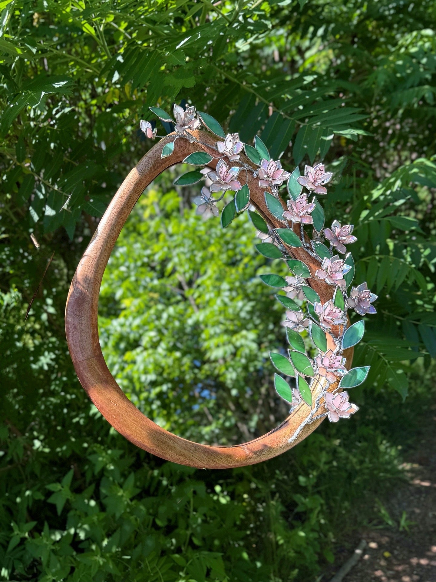 .Pink Sakura Stained glass Wall Mirror, 3D Botanical Floral Art ready new