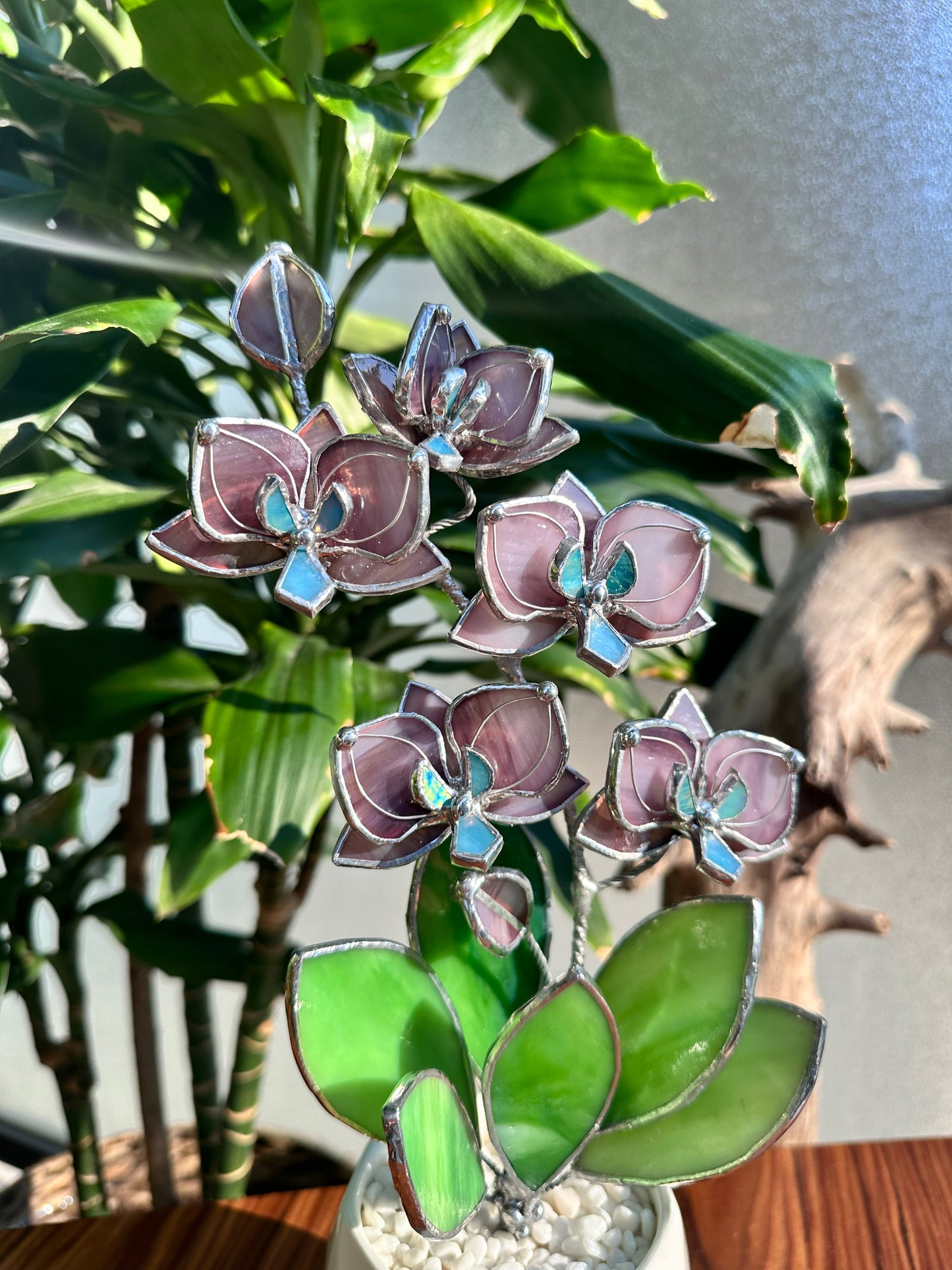 " . Dusty Rose Orchid М, 5 flowers with pot” Stained glass tropical flower 3D, Sun catcher, Table plant, Garden stick, Outdoor and gardening decor