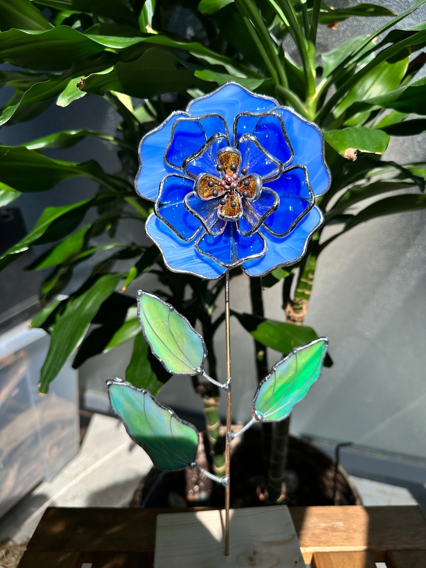 ". Peony Stained glass flower Sky Blue & Gold,  tropical 3D Sun catcher, Table plant decor