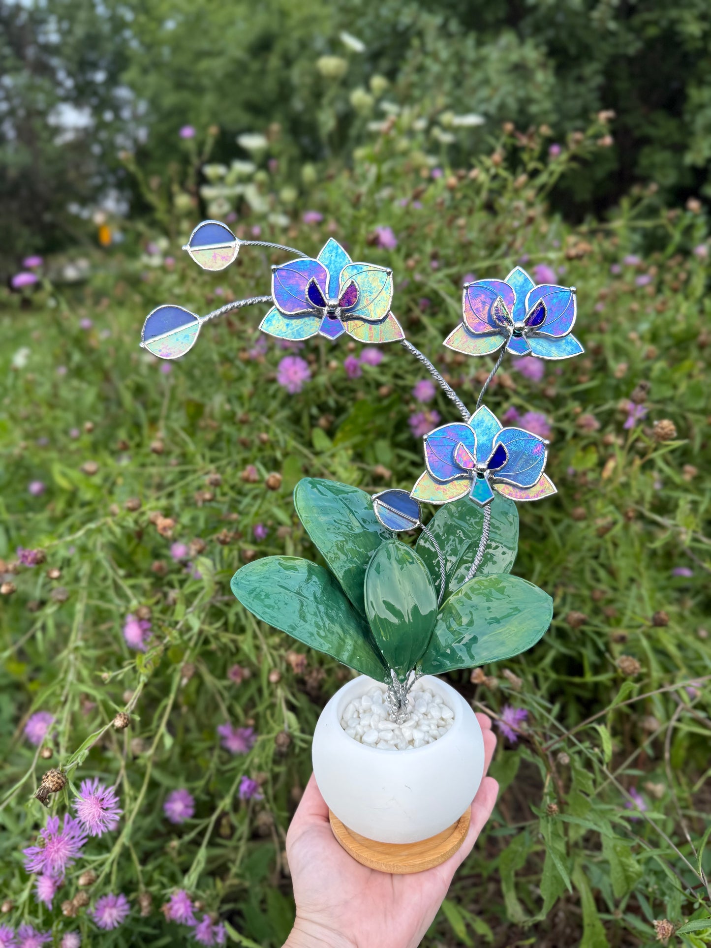 Orchid Lavender Blue Stained Glass WITH Hand Painted RESIN LEAVES, 3 Flowers, Botanical Table Decor