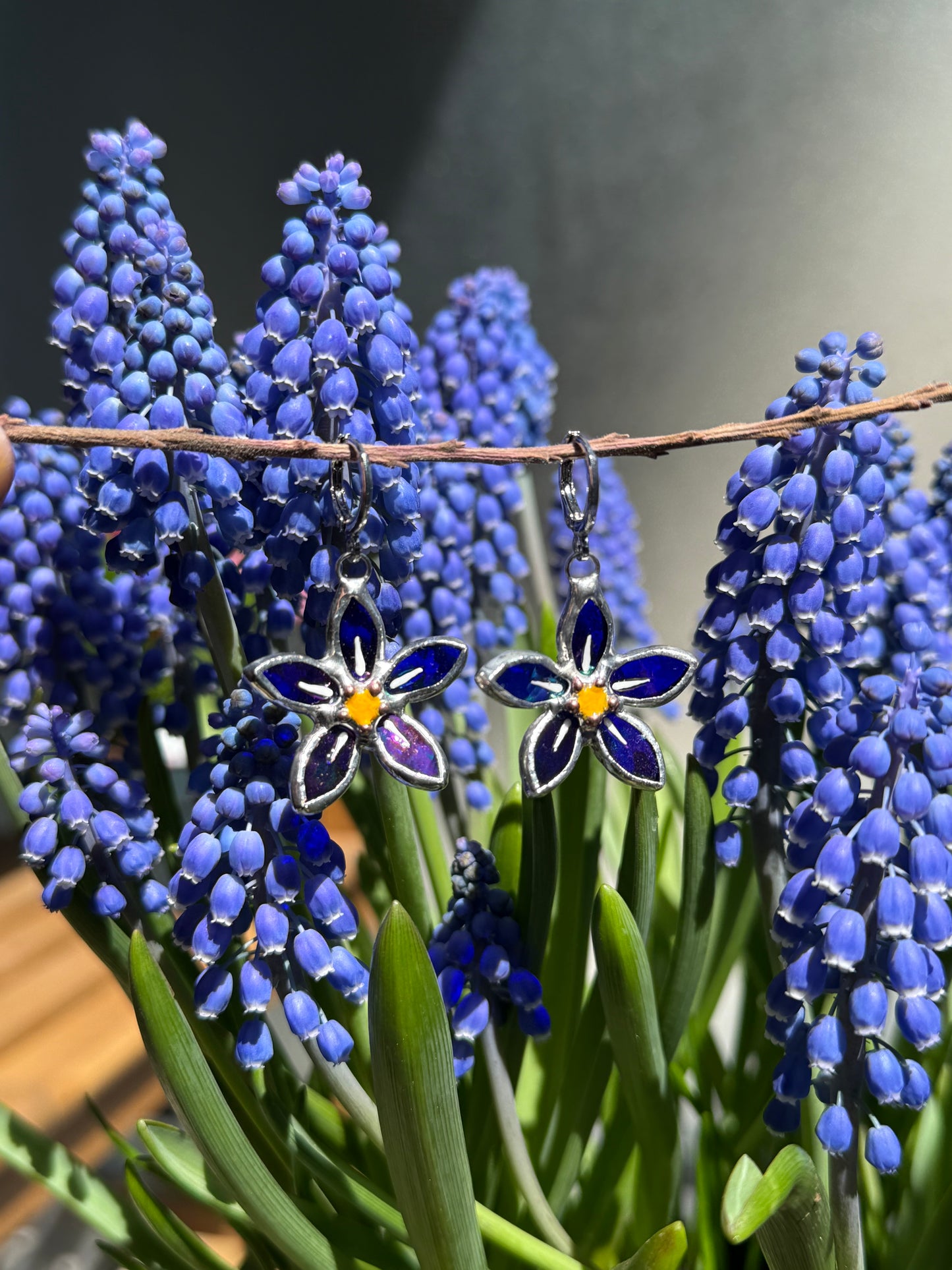 .Forget Me Not Earrings Indigo Luminescent Handcrafted Stained glass Botanical Art Jewelry