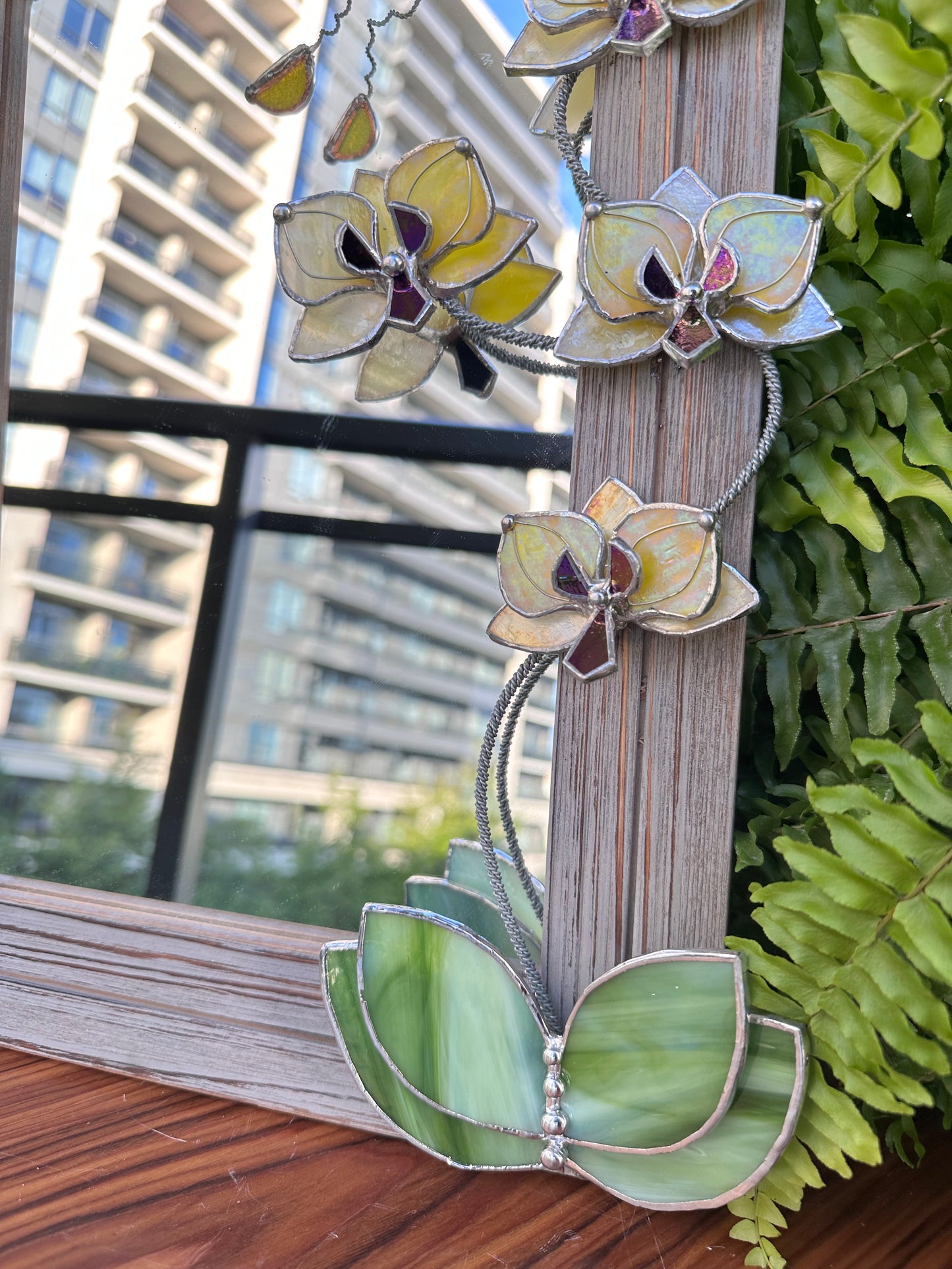 ". Blooming Orchid Yellow iridescent" Stained glass flower Mirror, Wall decor, Wedding, Christmas gift