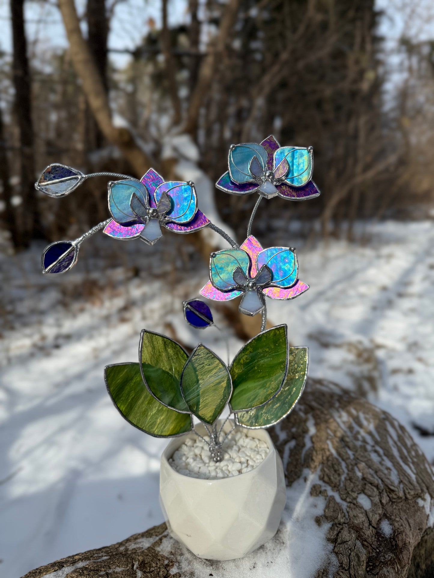 " . Amethyst iridescent and Blue iridescent Orchid 3 flowers with pot” Stained glass tropical flower 3D, Sun catcher, Table plant, Garden stick, Outdoor and gardening decor