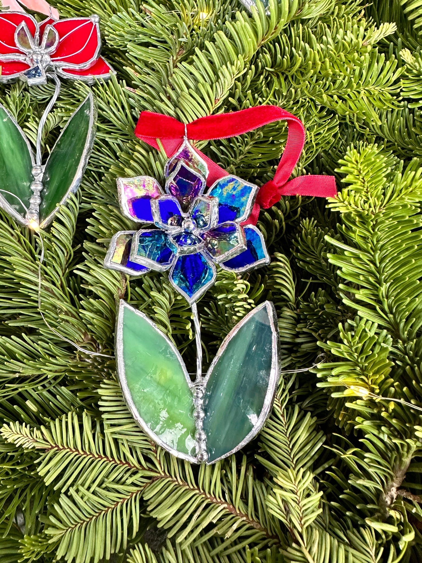 Christmas tree ornaments Flower Mix of 3, 5. Stained glass Wall window decor, holiday decorations, lights