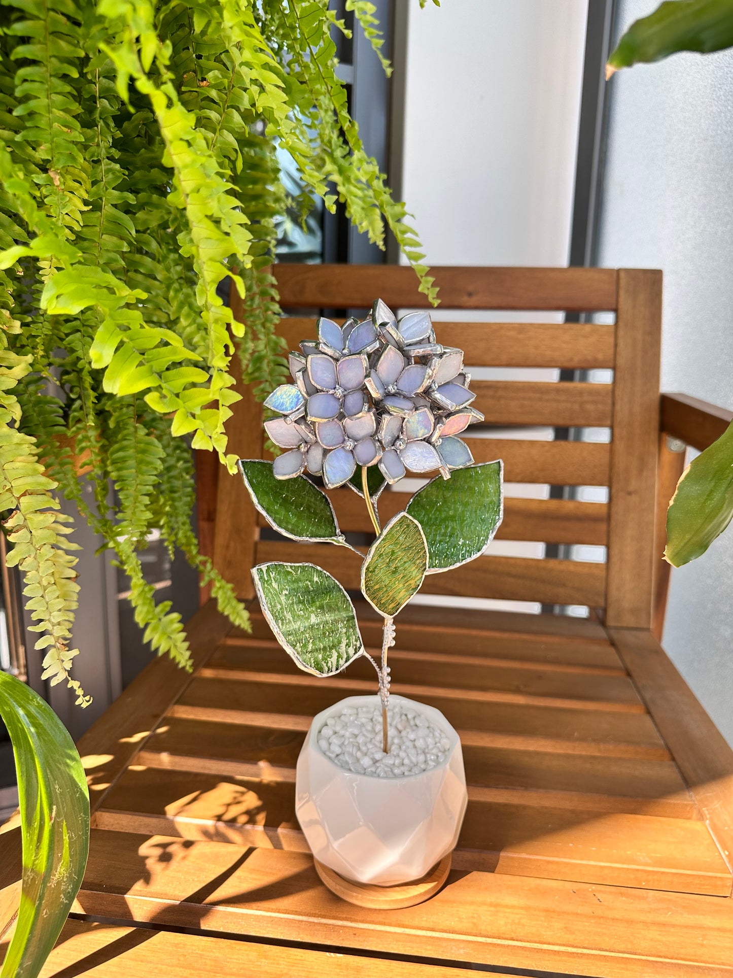 " . Blue lavender Hydrangea bunch iridescent in the pot”, Stained glass tropical flower 3D, Sun catcher, Table plant, Garden stick, Outdoor and gardening decor