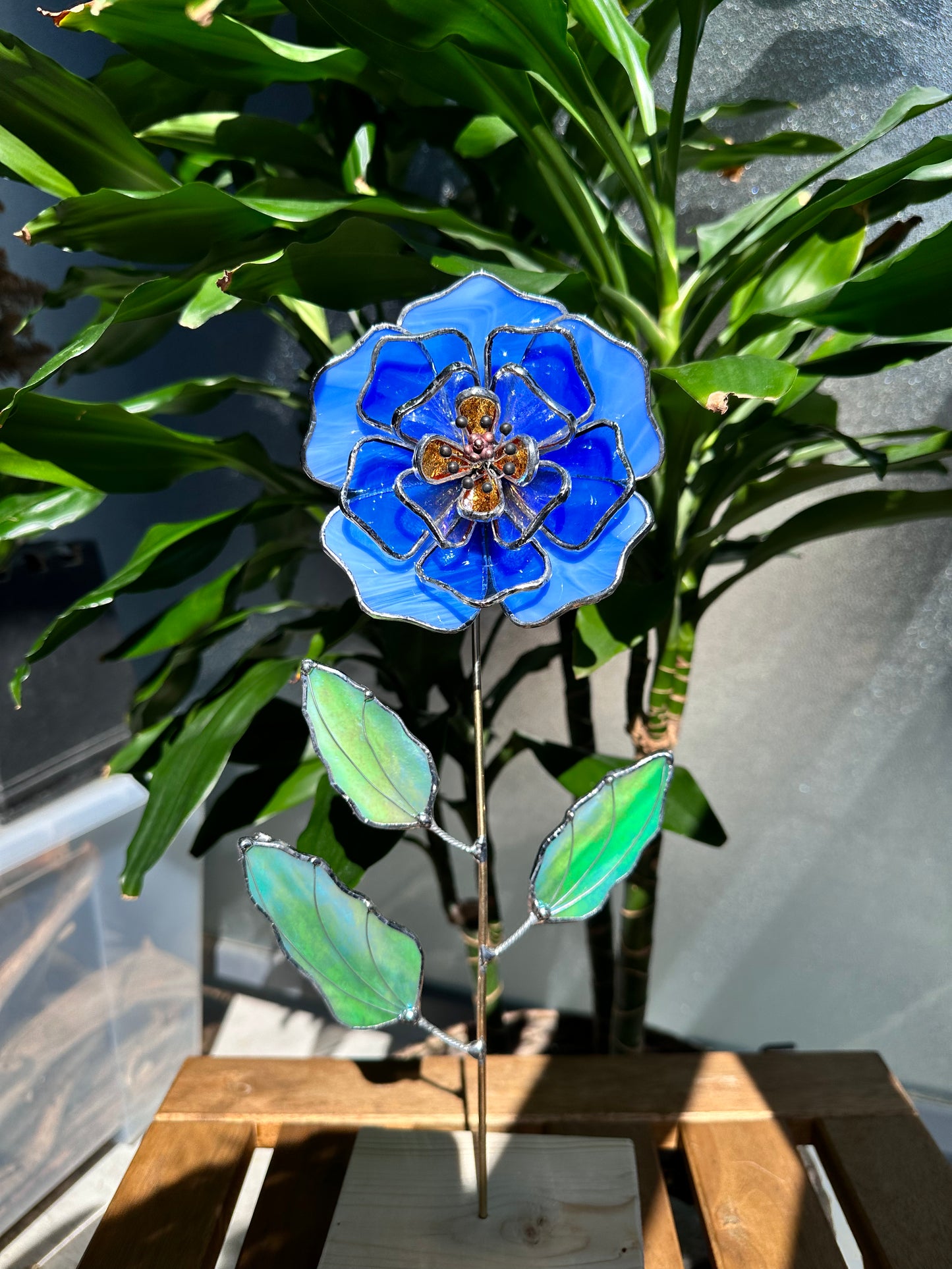 ". Peony Stained glass flower Sky Blue & Gold,  tropical 3D Sun catcher, Table plant decor