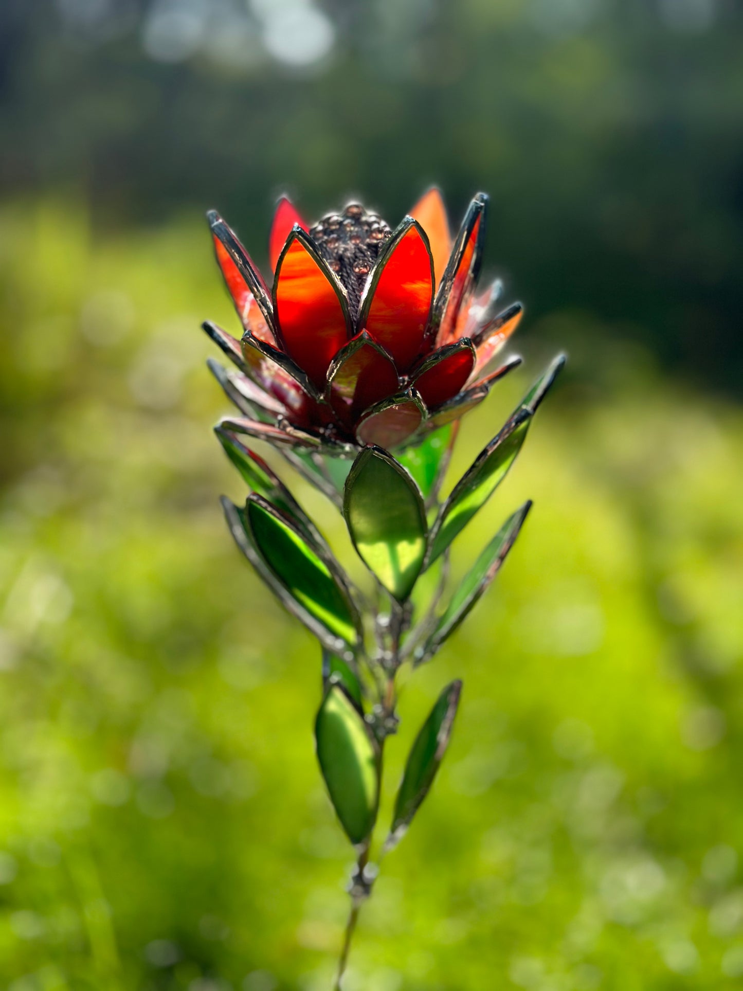 " . Amber&Red irid Protea Stained glass flower in the pot, tropical 3D Sun catcher, Table plant decor, wedding gift, available