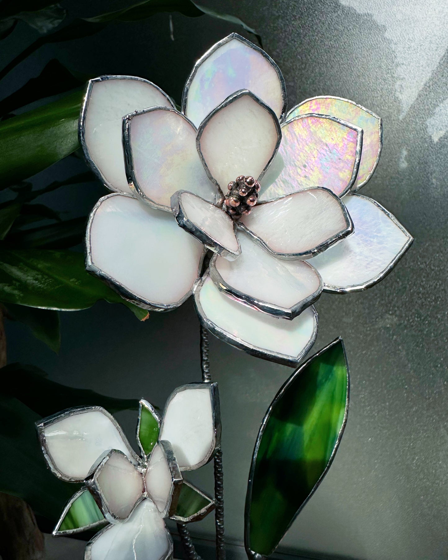 ".Magnolia White Iridescent flower with a bud", Stained glass tropical flower 3D, Sun catcher, Table plant decor, wedding Christmas gift