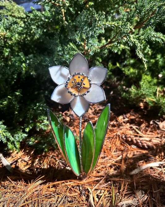 ".Daffodil Flower White Pearl with pot" Stained glass tropical flower 3D, Sun catcher, Table plant decor, Garden stick, wedding decor, Christmas gift