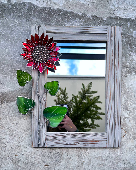 "Ruby Red Sunflower" Stained glass flower Mirror, wall decor Art, Wedding, Christmas, gift Decoration Glass flowers Succulents.