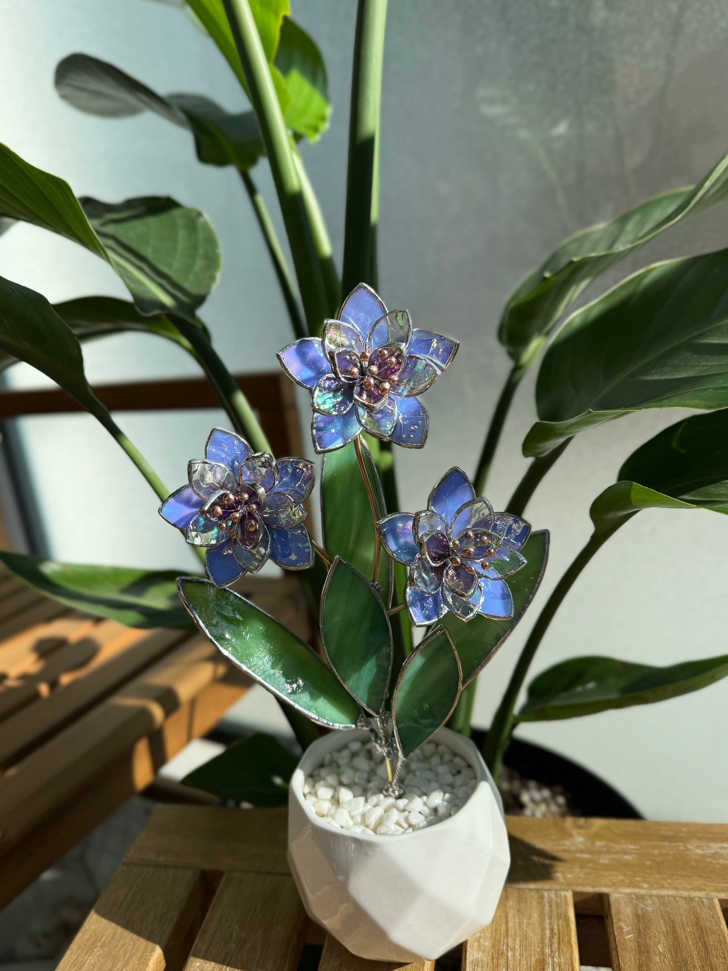 .Blue Iridescent Wildflower Stained glass Handcrafted Floral Home Decor new