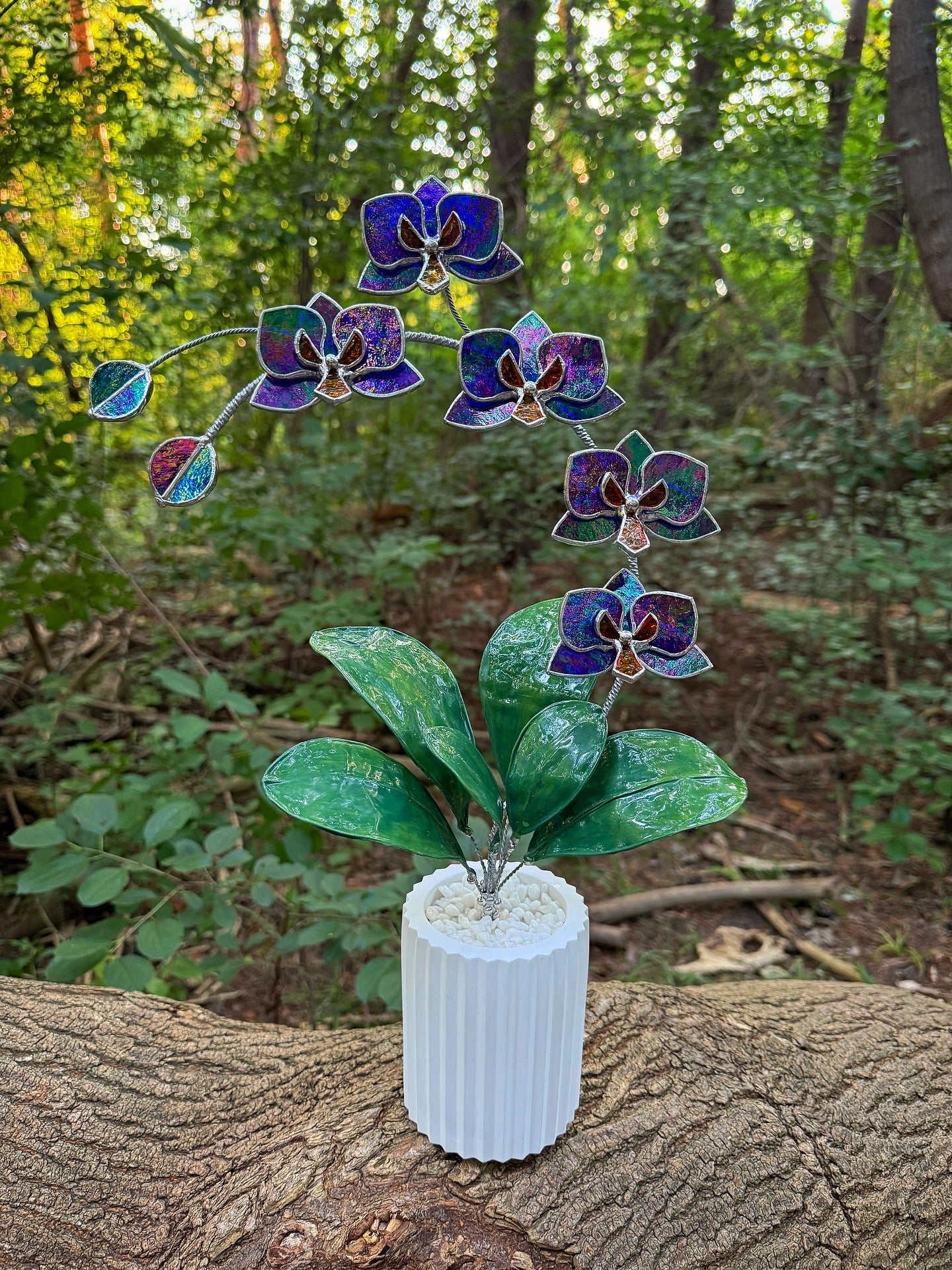 .Amethyst indigo Orchid, WITH RESIN LEAVES, 5 Flowers, Handmade Stained Glass Botanical Art Decor
