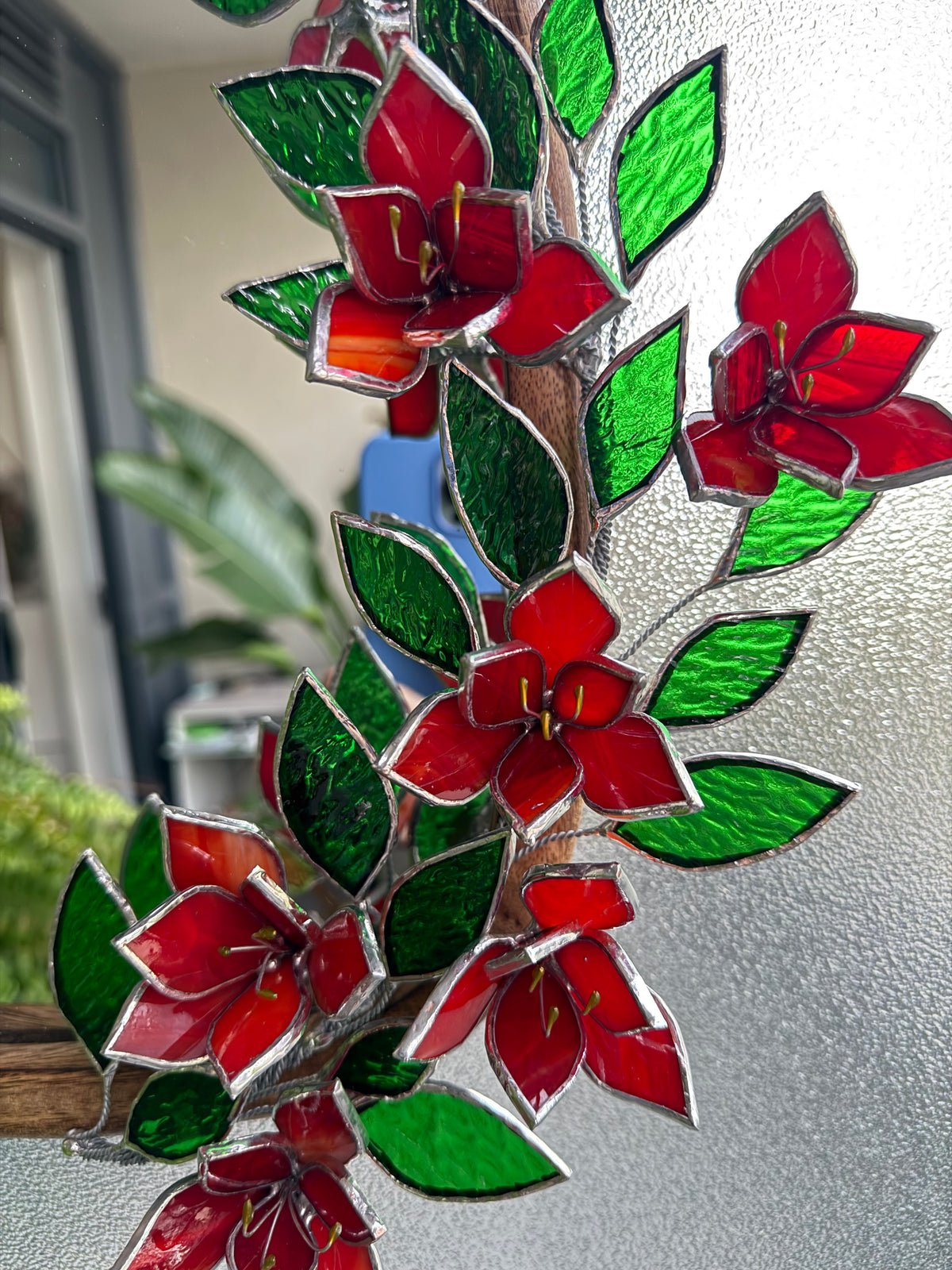 .Amaryllis Flower Mirror, Stained Glass 3D Botanical Floral Wall Art ready new