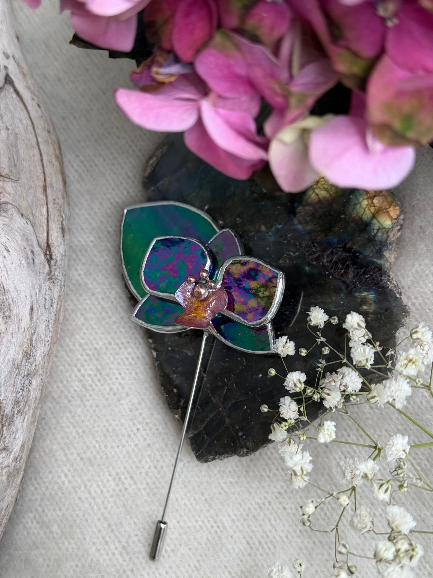Orchid Brooch Statement Stained Glass Floral Pin, Modern Art Jewelry