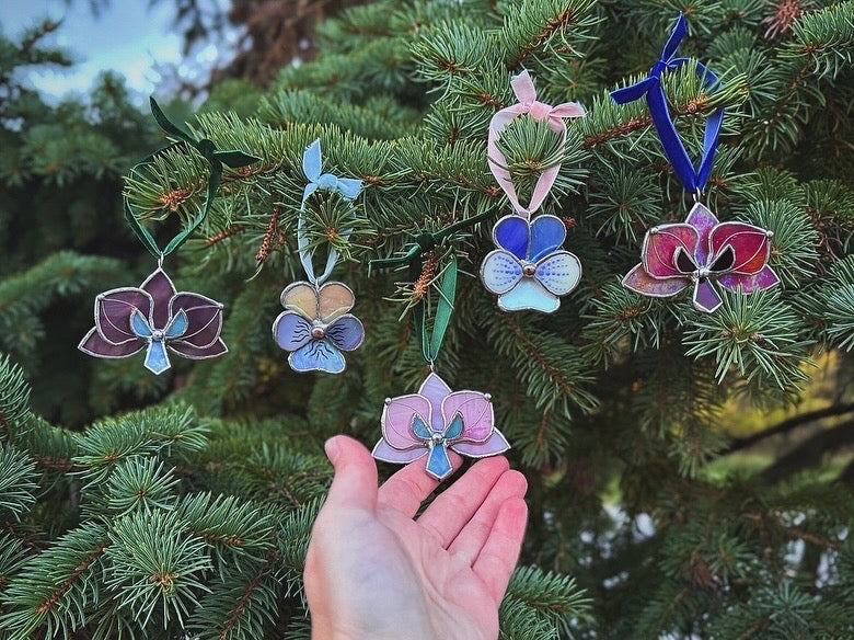 " . CHOOSE COLOR Orchid Flower Christmas ornament, Stained glass Holiday decor, Handmade art plant