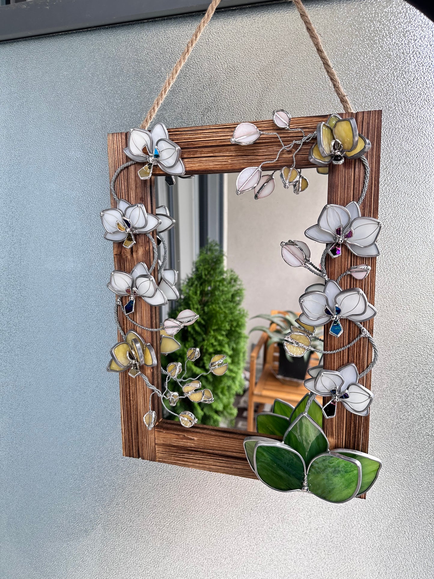 "Blooming Orchid white" Stained glass flower Mirror wall decor Art, Wedding, Christmas, gift Decoration Glass flowers Succulents.