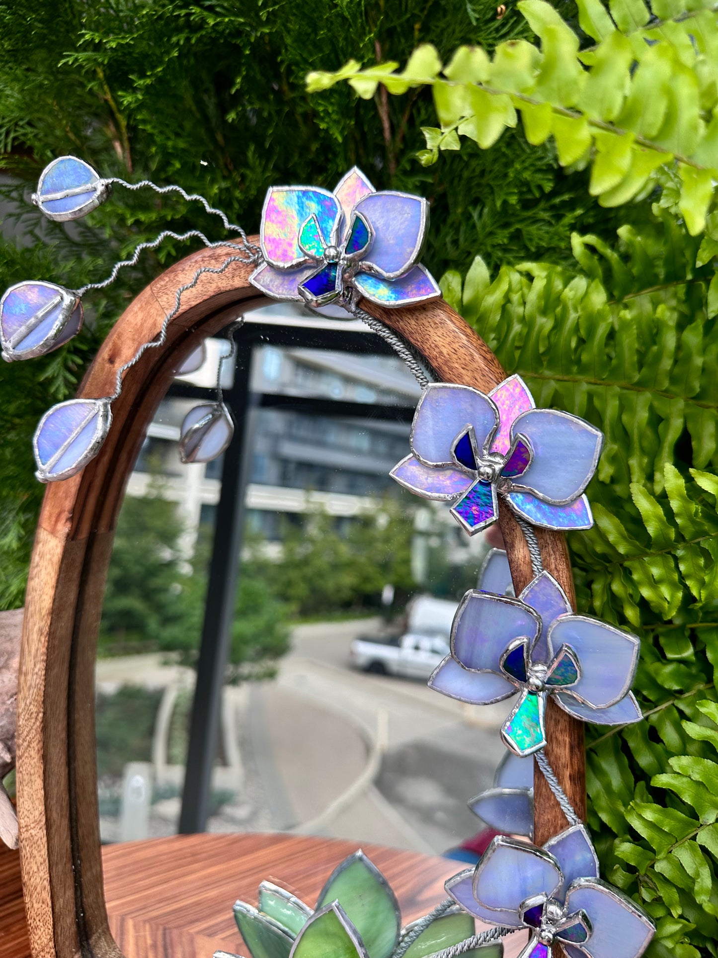 " . Lavender iridescent Orchid Mirror”, Stained glass flower Wall decor, Suncatcher, Home wedding Decor, Christmas gift, available