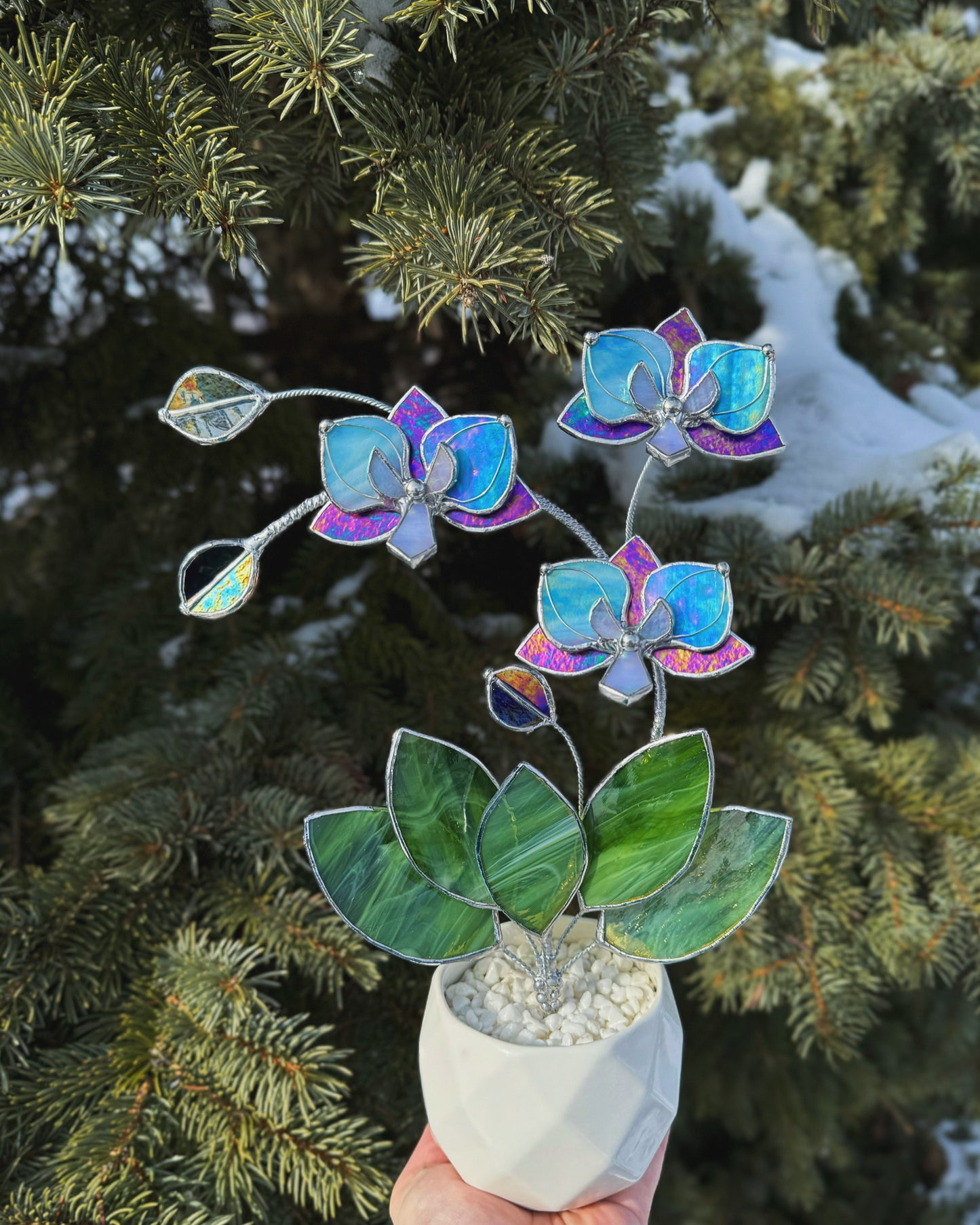 " . Amethyst iridescent and Blue iridescent Orchid 3 flowers with pot” Stained glass tropical flower 3D, Sun catcher, Table plant, Garden stick, Outdoor and gardening decor