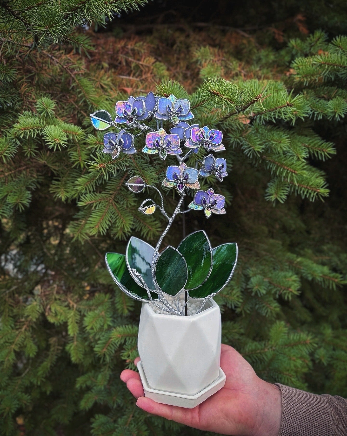 "  . Stained glass Orchid Lavender iridescent, double sided, 10 flowers with pot”, Stained glass tropical flower 3D, Suncatcher, Table plant decor