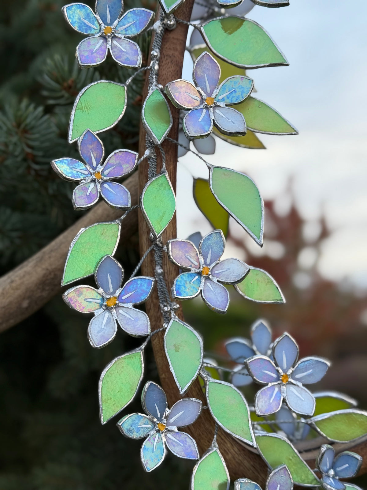 Forget Me Not iridescent Stained glass Flower Mirror, 3D Botanical Floral Wall Art ready new