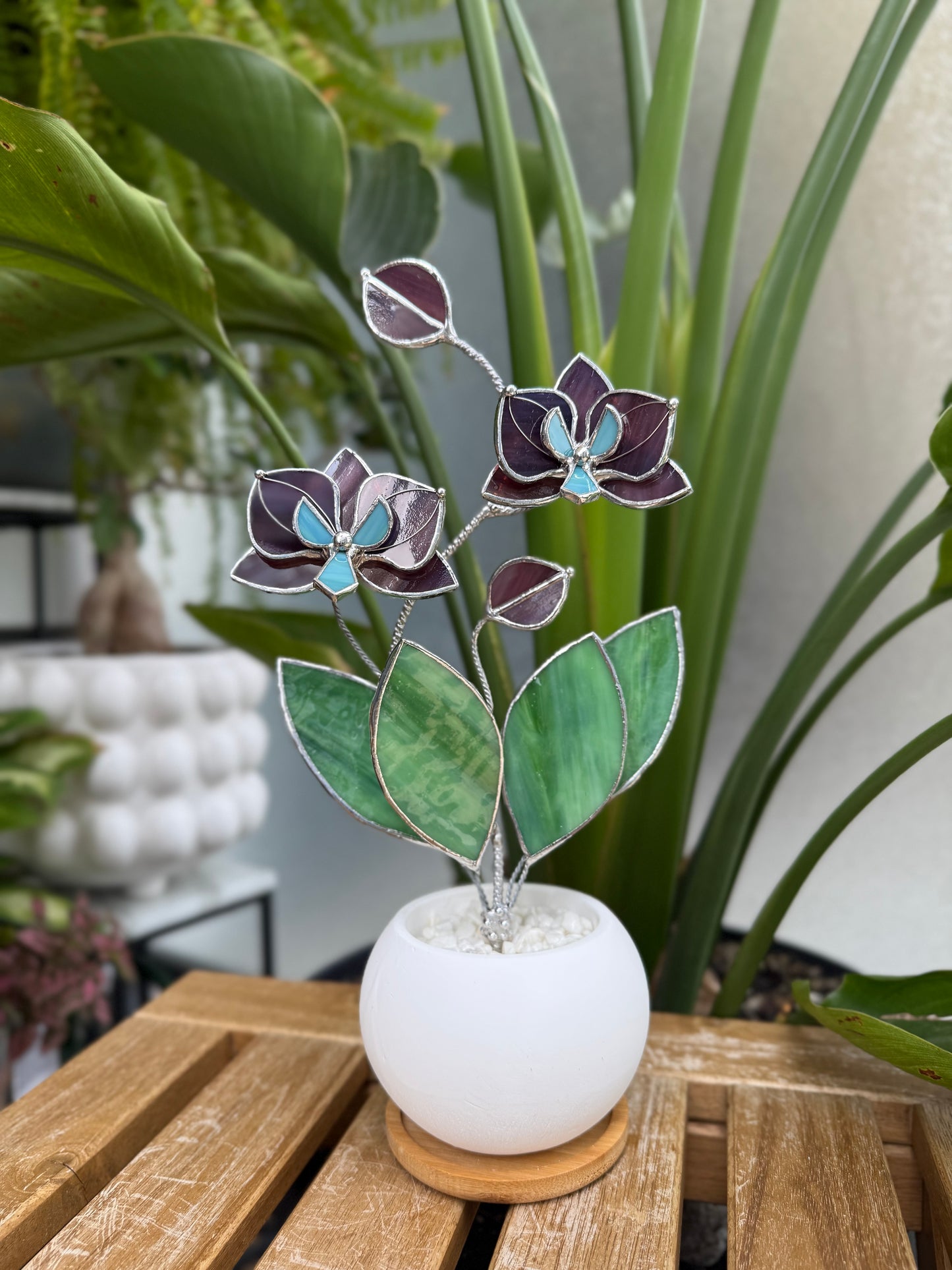 Orchid Elderberry purple Stained Glass 2 flowers in a Pot, Botanical Art Sculpture