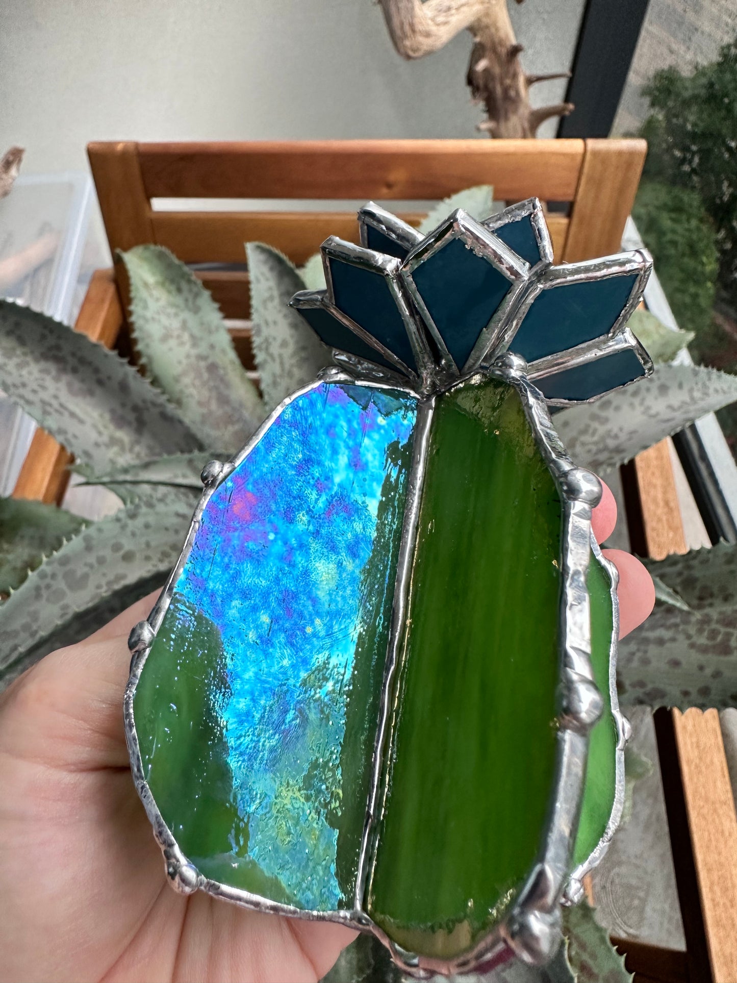 "Cactus XL Pink Mirror Green Iridescent", Stained glass, Succulent 3D Cacti house plant for flower pot Sun catcher glass art wedding