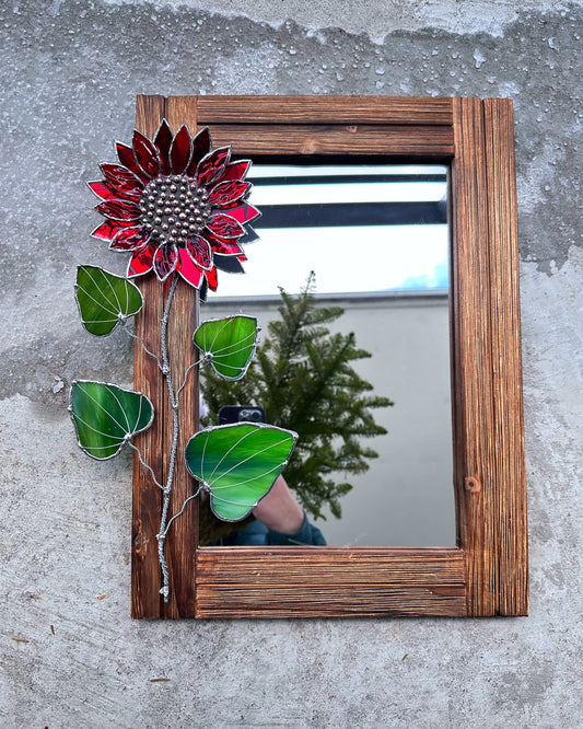 "Red Sunflower" Stained glass flower Mirror, wall decor Art, Wedding, Christmas, gift Decoration Glass flowers Succulents.