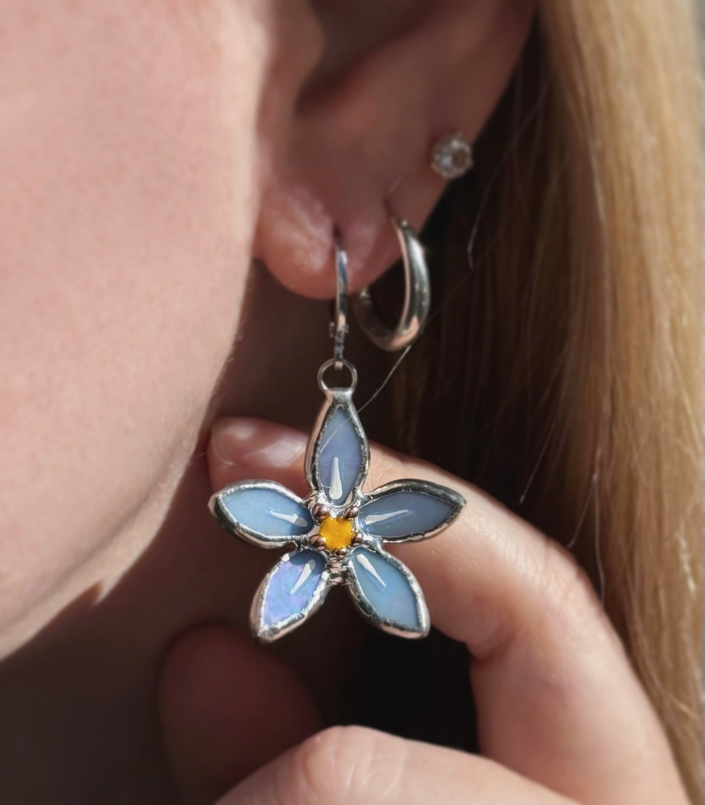 Forget Me Not Earrings Sky Blue Iridescent Handcrafted Stained glass Botanical Art Jewelry