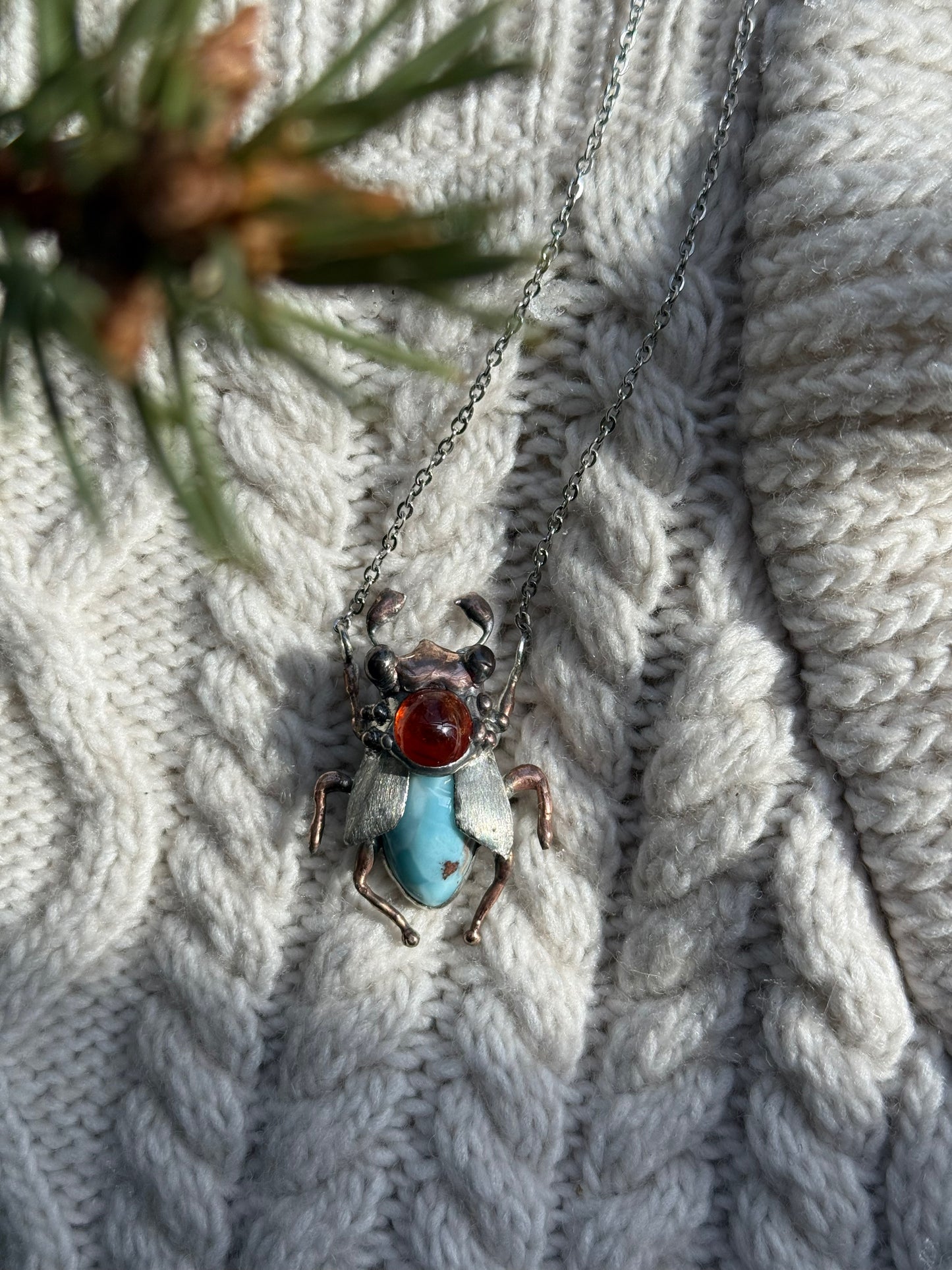 " . Bug necklace Melolontha with Blue Larimar & Hessonite Garnet”, art jewelry pendant 3D wedding jewelry Mother’s Day gift